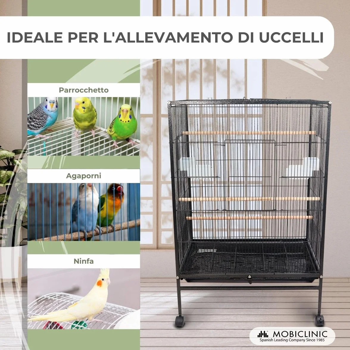 Mobiclinic®, Gabbia per Uccelli, XL, Ruote il Trasporto, Freni, Apertura superiore, Vassoio Rimovibile, 8 Porte, Grandi dimensioni, 95x43x61,5 cm, Mangiatoie, Abbeveratoi, Posatoi, Ninfa
