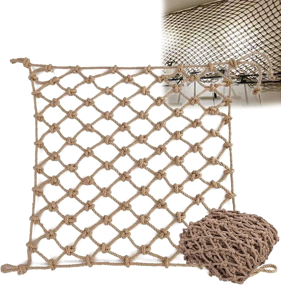Rete in corda di canapa per supporto per piante da giardino, rete in fibra naturale da 3 x 4 m, per arrampicata interna/esterna, sicurezza per ringhiere di balconi e scale