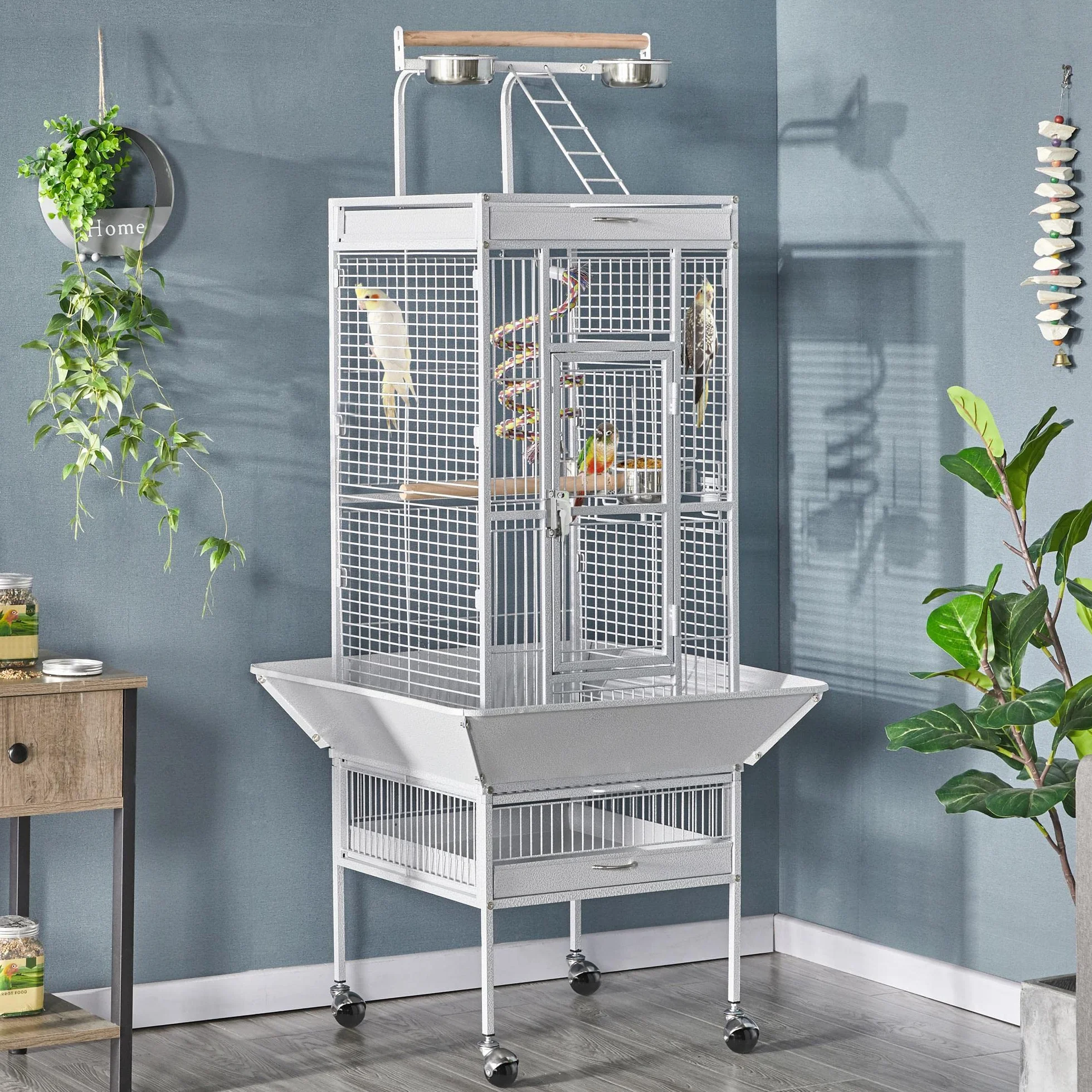 Yaheetech Gabbia Voliera per Uccelli Pappagalli Calopsite Grande Bianca con Piedistallo Supporto Ruote in Metallo da Interno e Esterno 65,5 x 65,5 x 156 cm