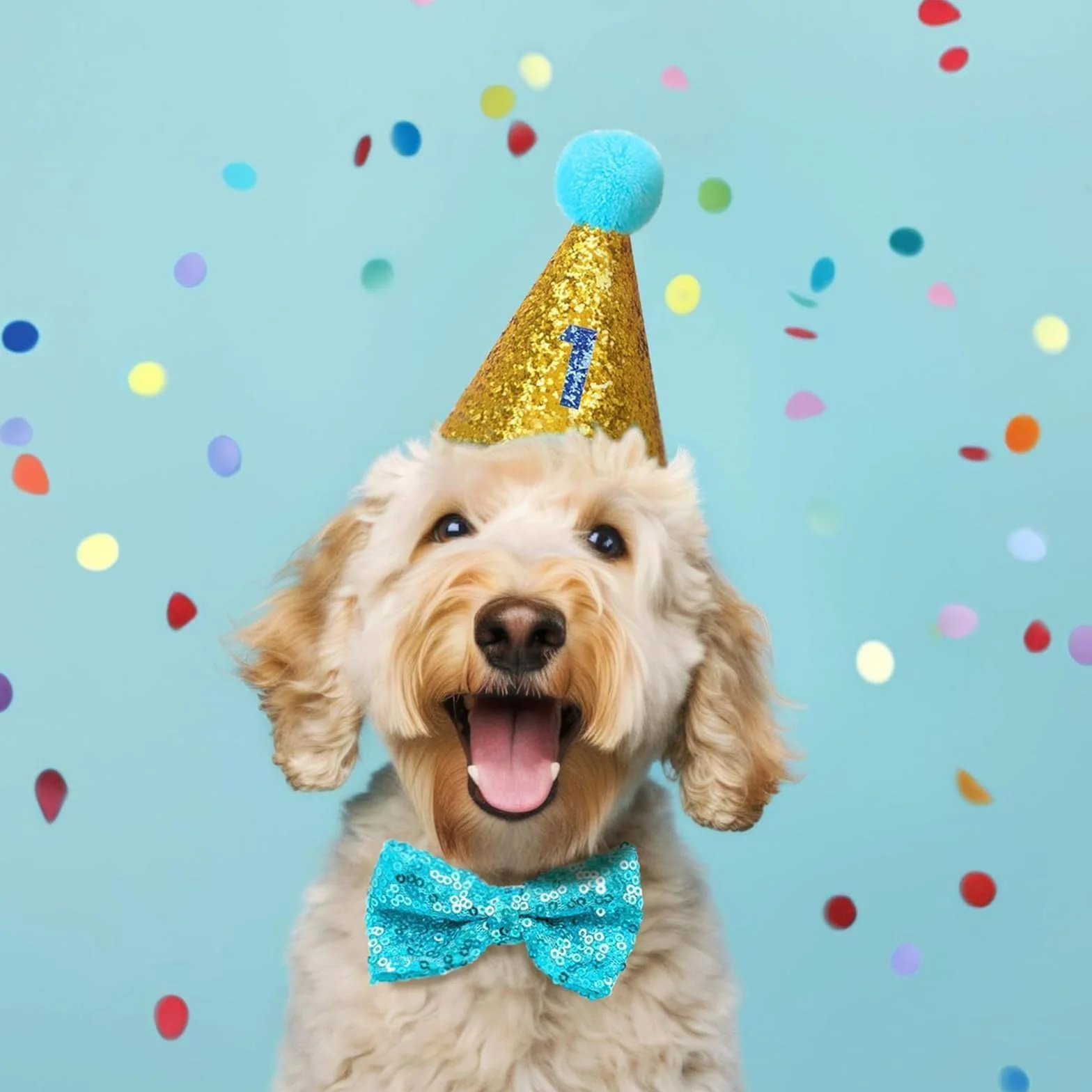 Cappello per Cani Compleanno Regolabile con Collare Papillon e Numero Blu, 3 Pezzi