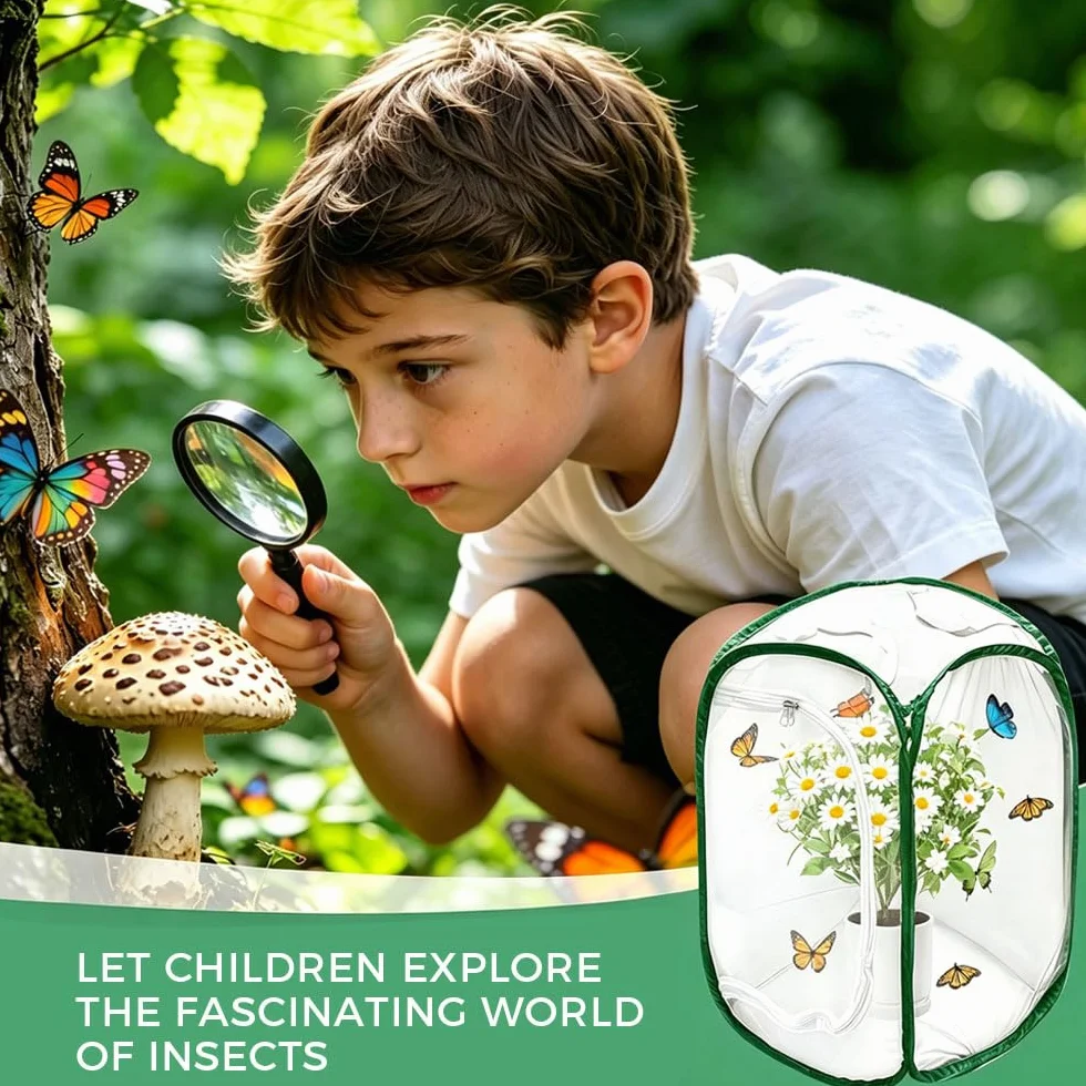 Gabbia per Insetti e Farfalle, 40×40×60 cm Gabbia per Farfalle Pieghevole, Gabbia per Habitat Farfalla con Cerniera e Maniglia, Gabbia per Insetti Portatile Pop-up per Piante, Insetti