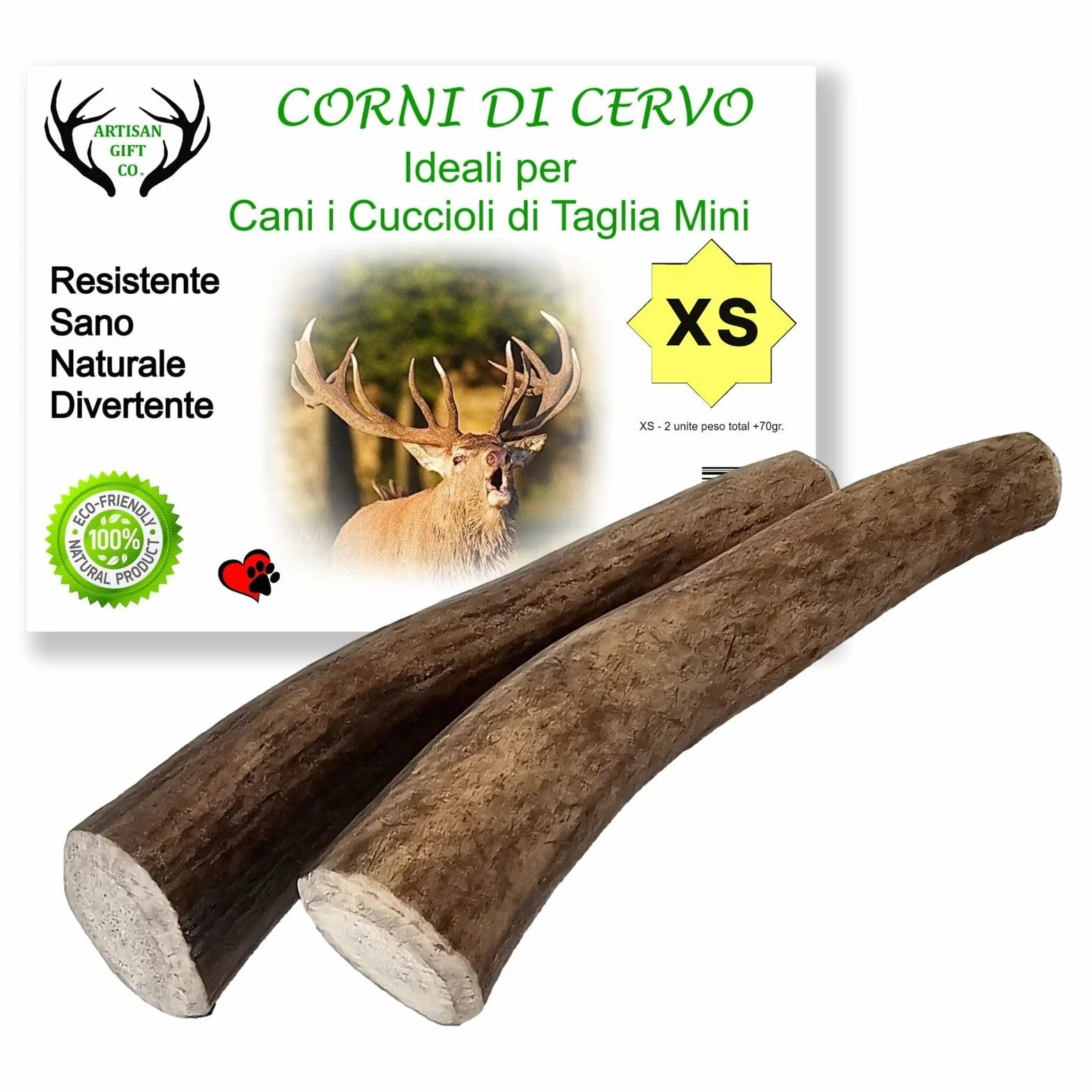 Corno di Cervo per Cani Taglia XS - 2u. Osso Masticativo Naturale Resistente