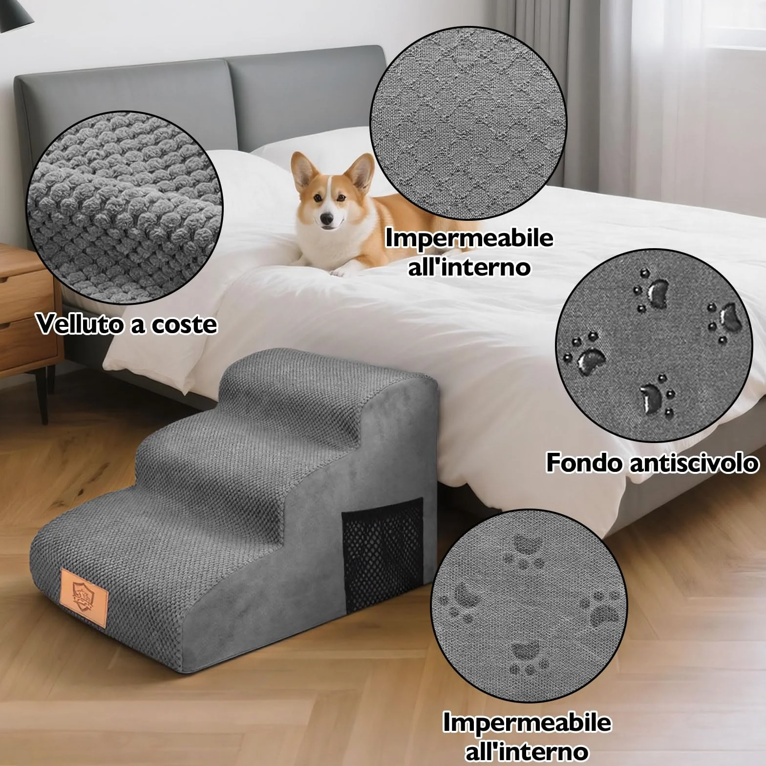 MASTERTOP Scale per Cani 3 Gradini, Scalini Antiscivolo per Gatti e Cani per Divano e Letto, Scaletta Schiuma Alta Densità, Copertura Impermeabile Lavabile (Grigio)