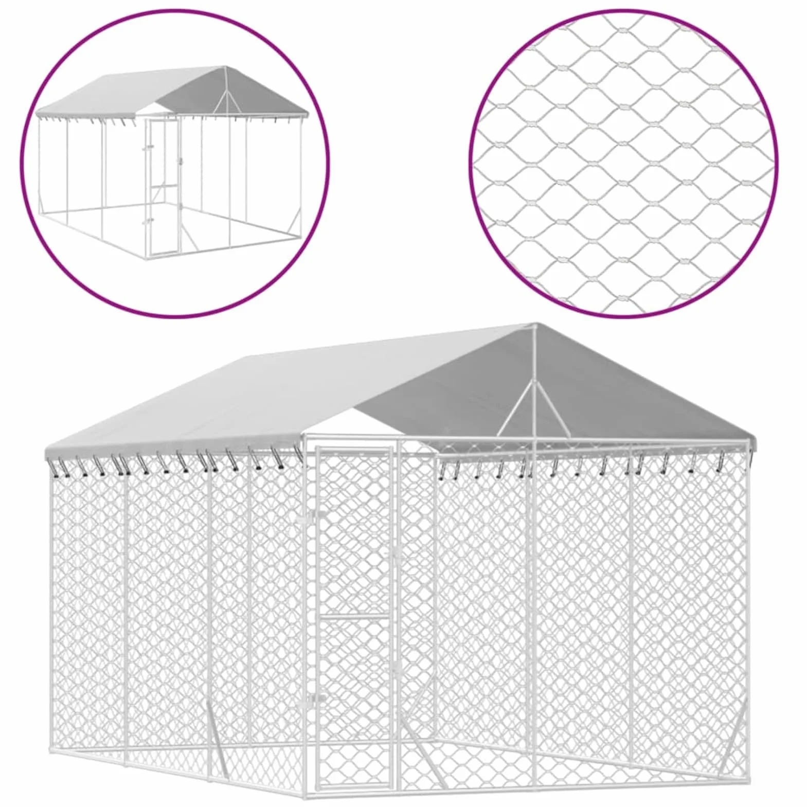 Gabbia per Cani con Tetto Kennel per Cani da Esterno Recinto per Cani da Esterno a Maglie in Acciaio Zincato Box per Animali con Porta con Serratura-3 x 4.5 x 2.5 m
