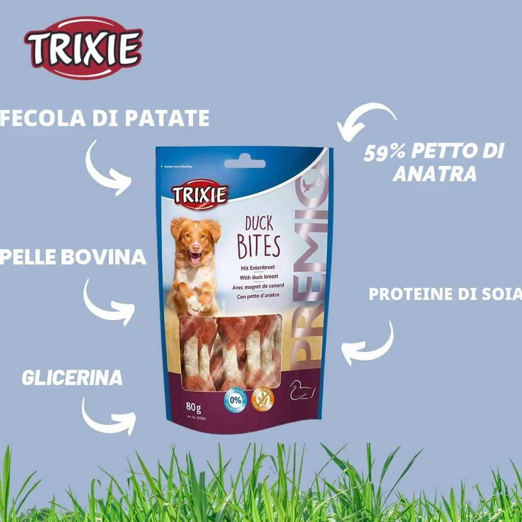 TRIXIE PREMIO bocconcini di anatra snack per cani – snack monoproteico all'anatra senza zuccheri aggiunti né glutine – senza cereali – premio per l'addestramento – 80 g