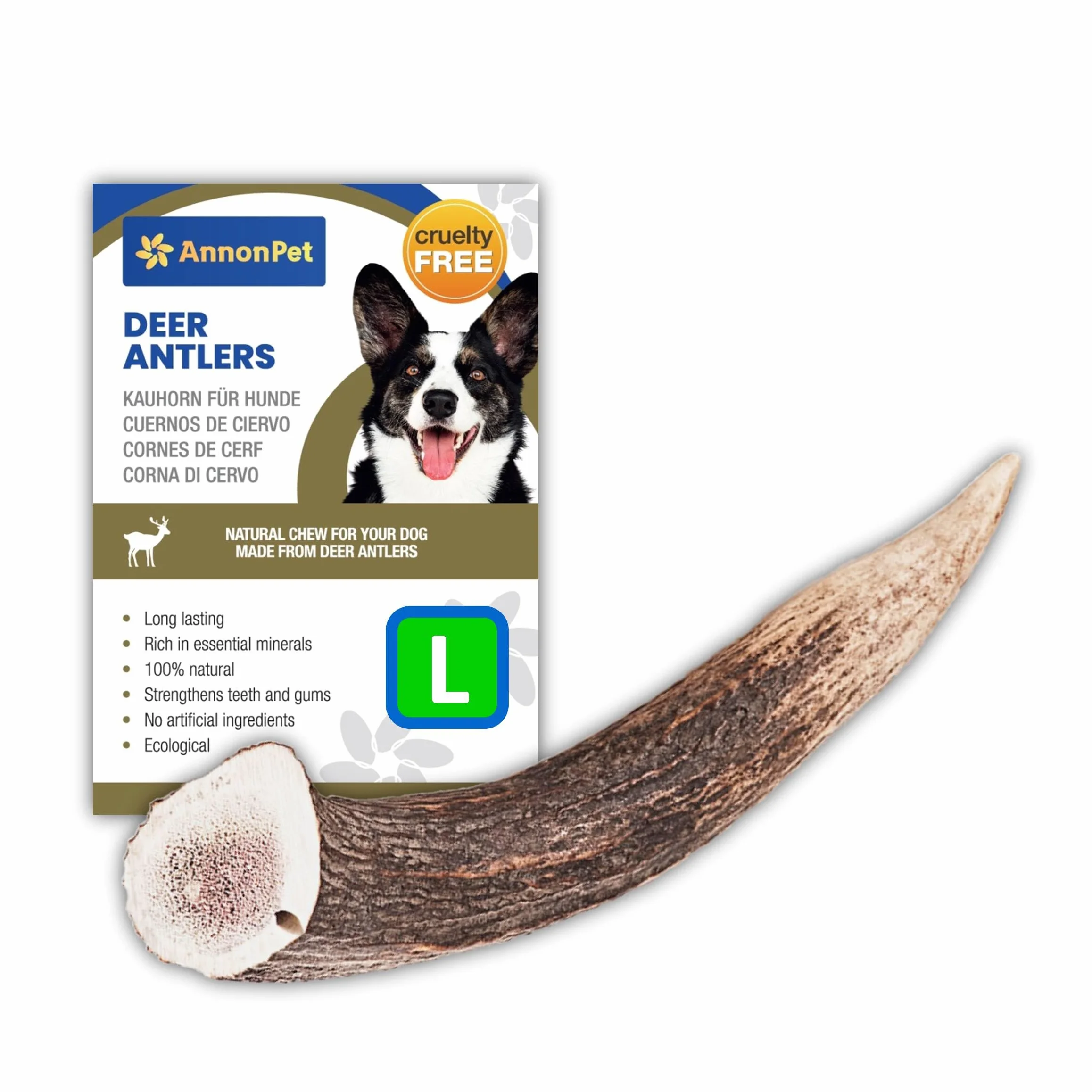 Corno di Cervo per Cani Ricco di Calcio e Fosforo Large Igiene Orale Salute Dentale Riduce Tartaro Ansia