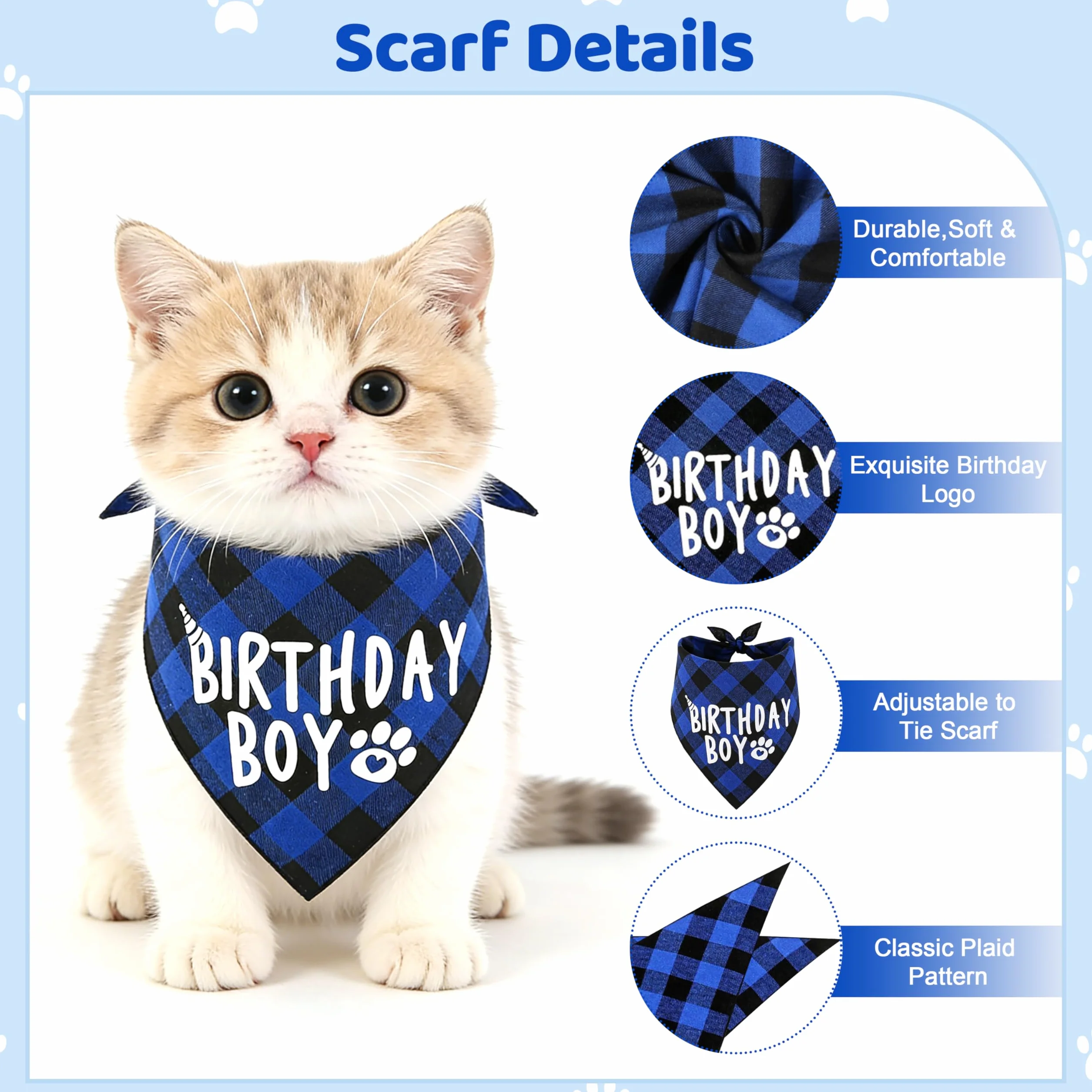 Set di Bandana Compleanno per Cani con Cappello e Pompon, Numeri Bling Adesivi 4 Pezzi Blu