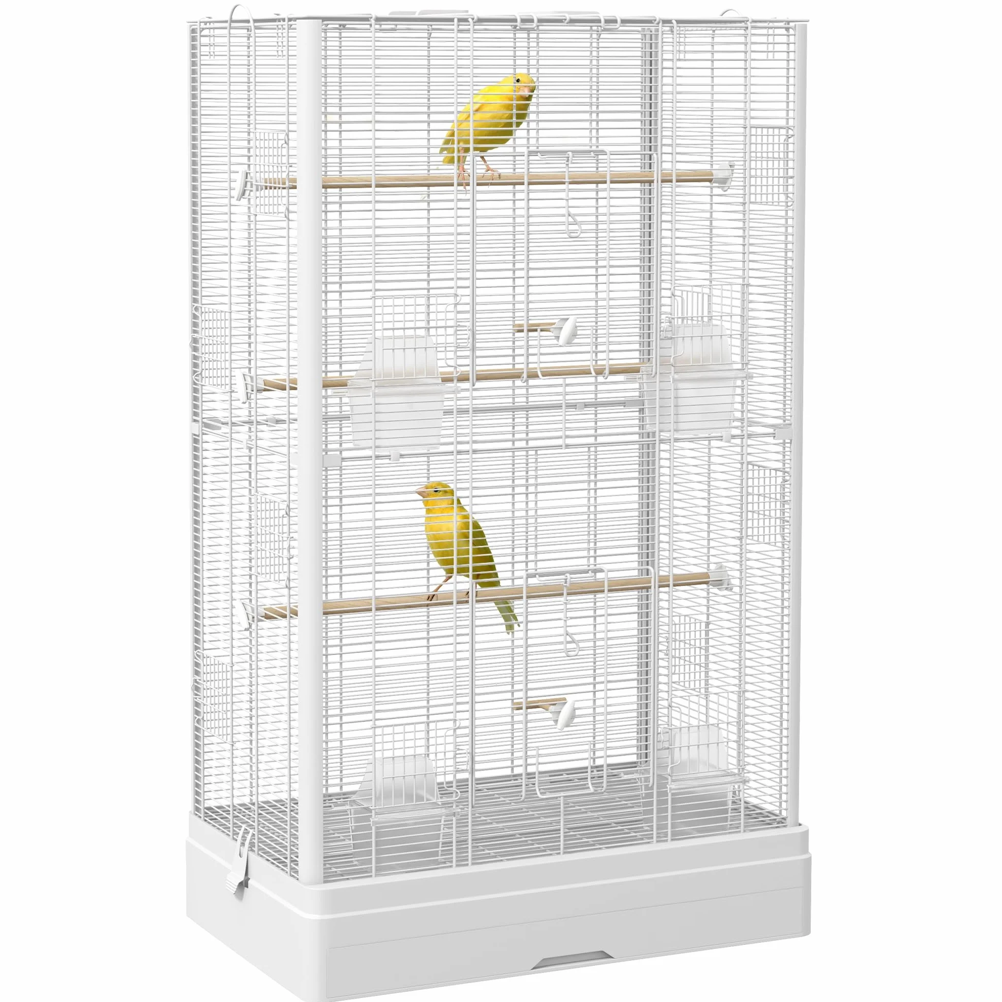 PawHut Gabbia per Canarini con Posatoi in Legno, Voliera per Uccelli in Acciaio con 2 Maniglie, Vassoio Rimovibile e Ciotole per Cibo, 61x36.5x98 cm, Bianco