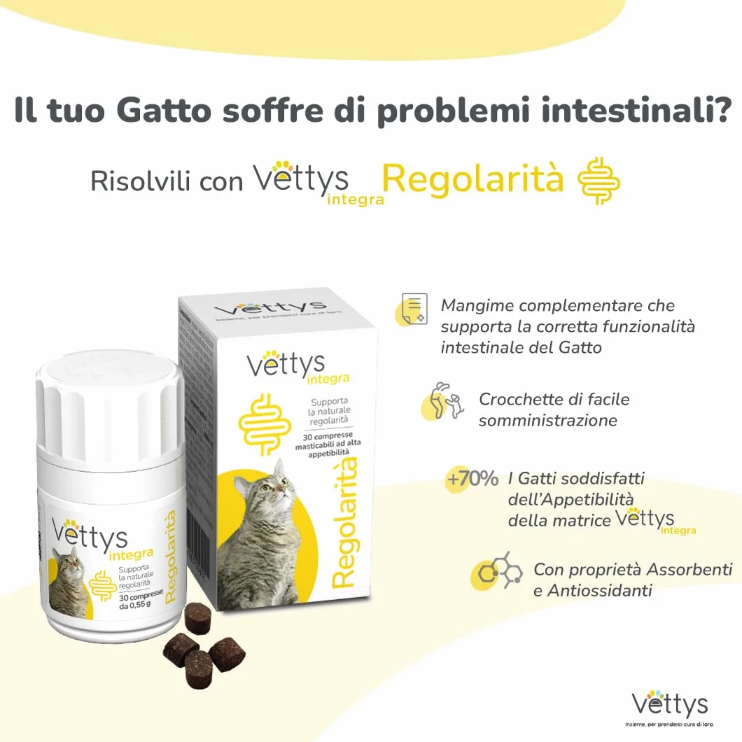 Vettys Integra Regolarità Gatto - Integratore per la Flora Intestinale - 30 Compresse Masticabili