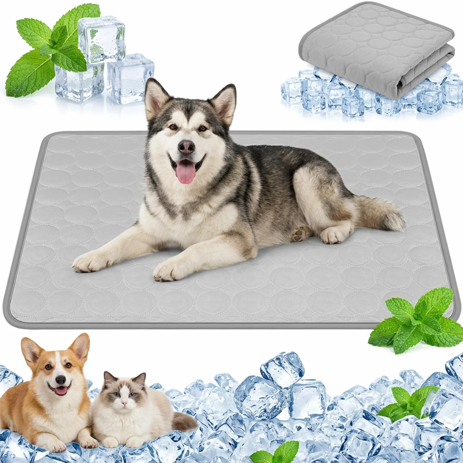 Qoosea Tappetino Rinfrescante per Cani e Gatti, Tappeto Refrigerante in Seta di Ghiaccio, 55x70 cm Grigio