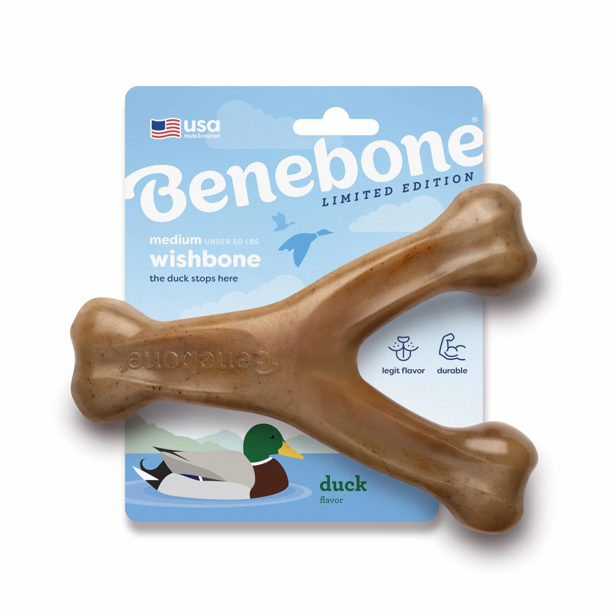 Benebone Wishbone – Giocattolo da masticare per cani, resistente, per masticatori aggressivi, gusto anatra, Made in USA, Taglia M