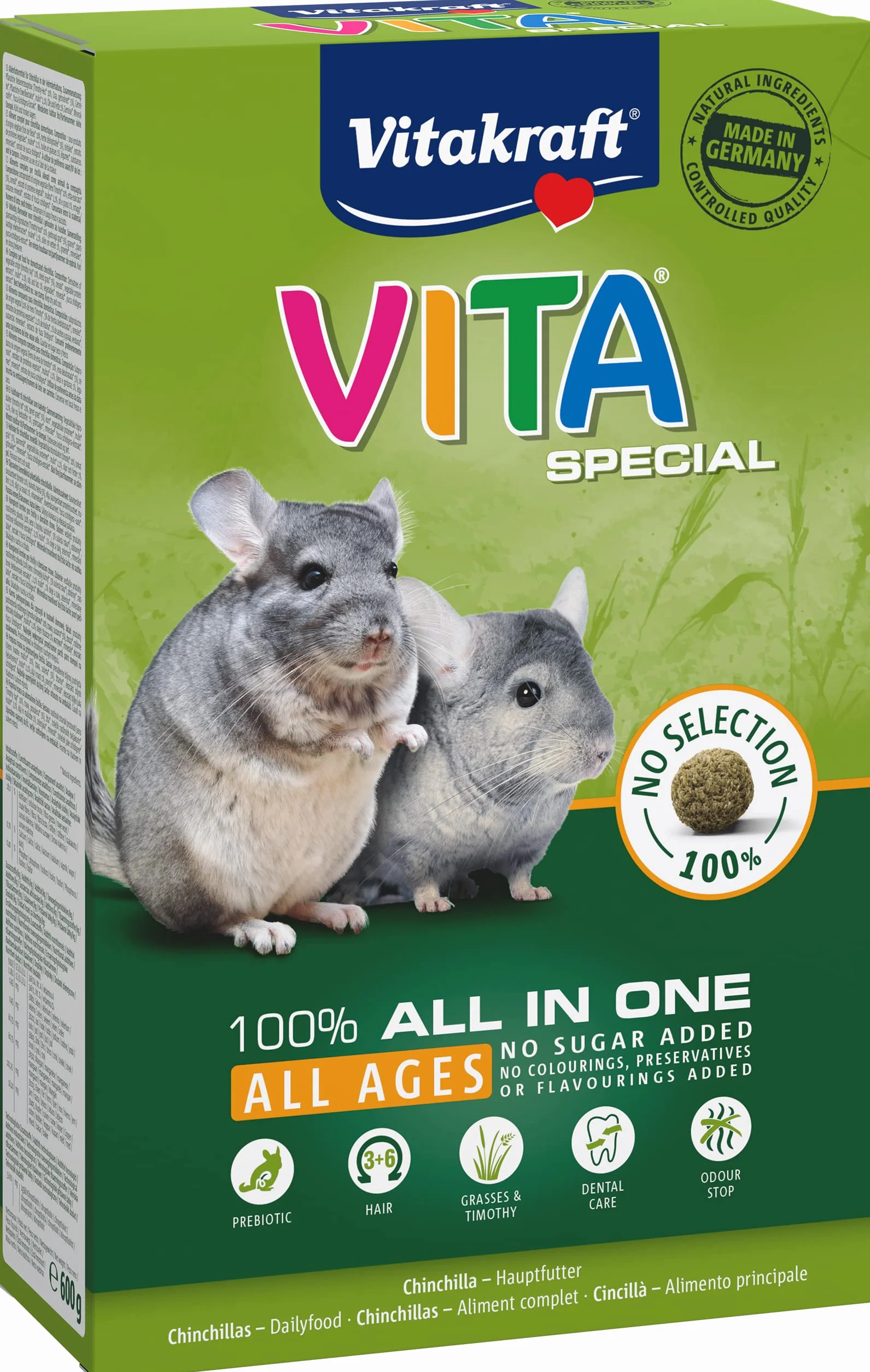 Vitakraft Vita Special All Ages, alimento principale per cincillà, con erbe di prato ed erbe aromatiche, per una digestione ottimale, senza l'aggiunta di zuccheri e cereali (1x 600g)