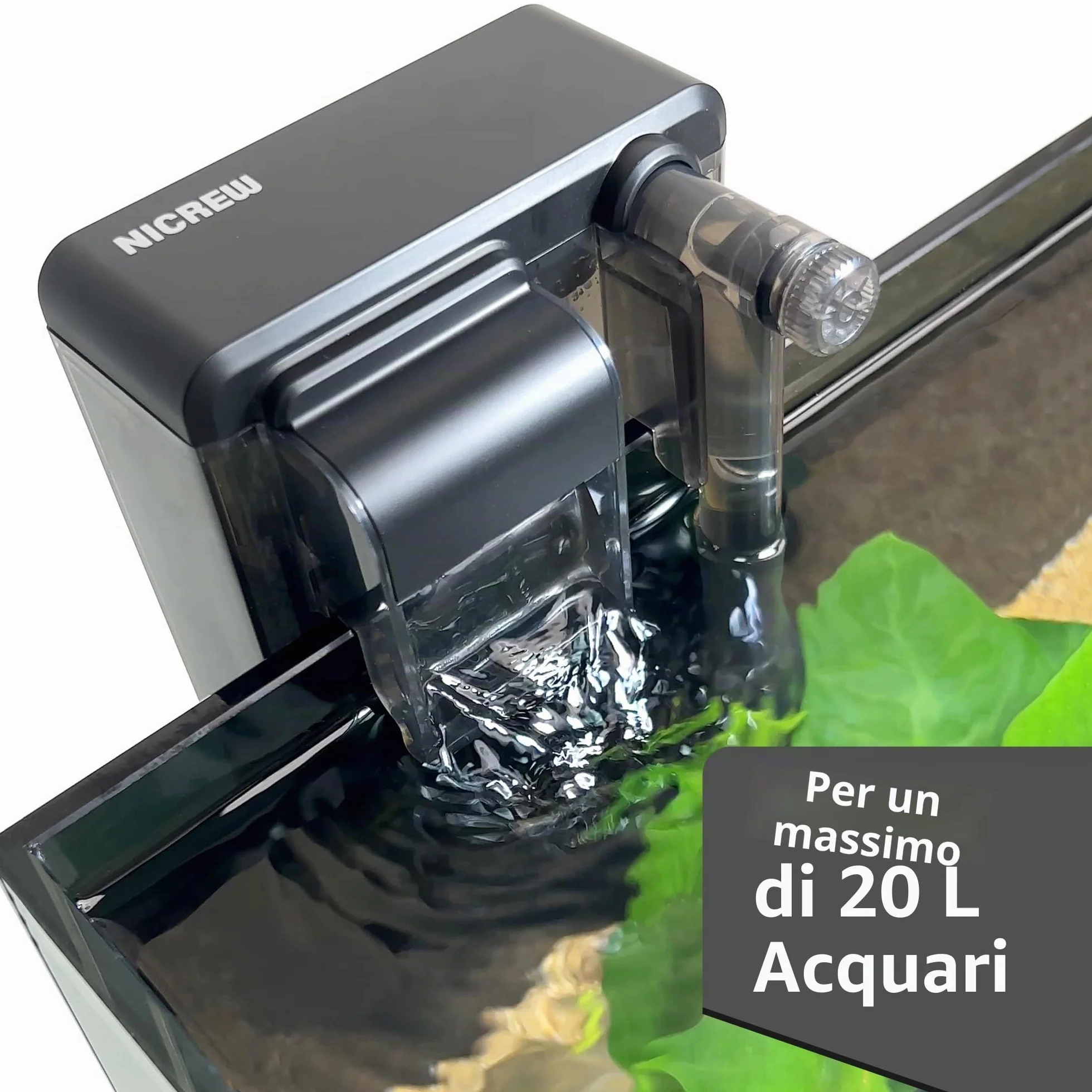 NICREW Filtro sottile per acquario, silenzioso, filtro esterno per acquari fino a 20 l, flusso regolabile, 160 LPH, 3 W