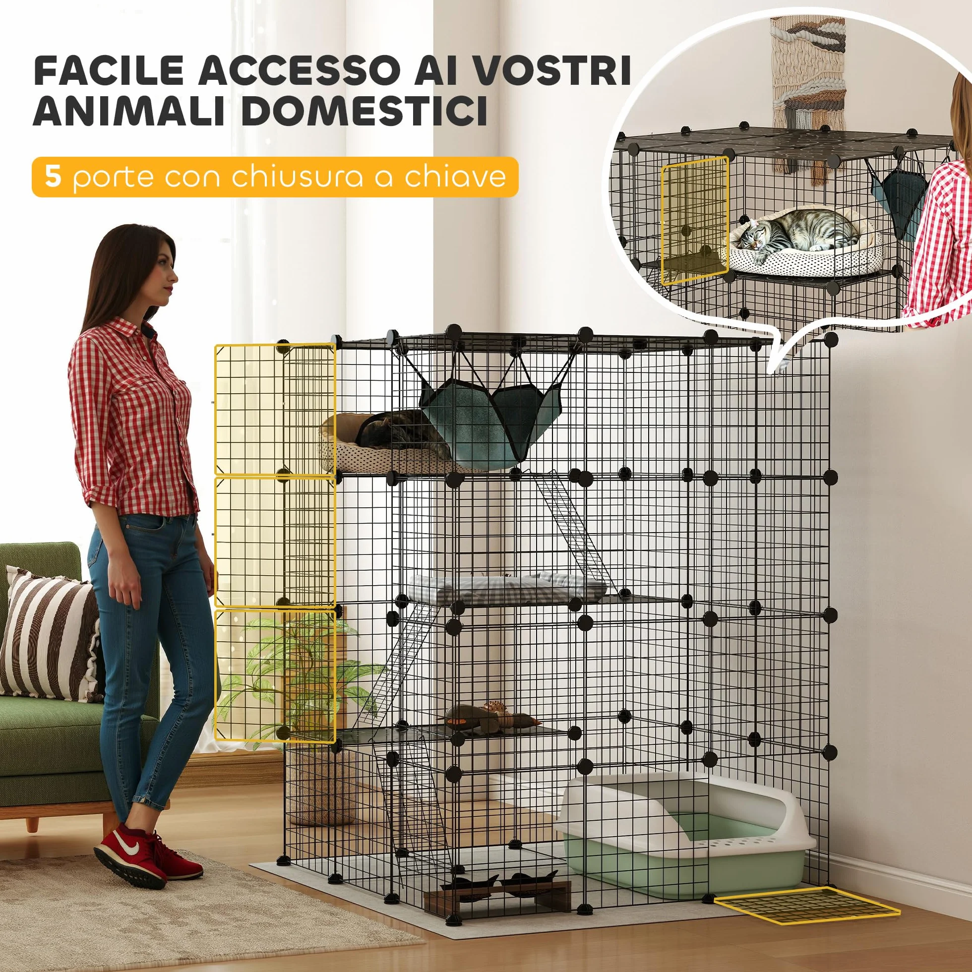 PawHut Gabbia per Gatti Modulabile a 4 Livelli con Rampe, 3 Piattaforme di Salto e 5 Porte, Casetta per Gatti con Tappetini Antiscivolo e Amaca in Acciaio e PP, per 1-3 Gatto, 105x105x140 cm, Nero