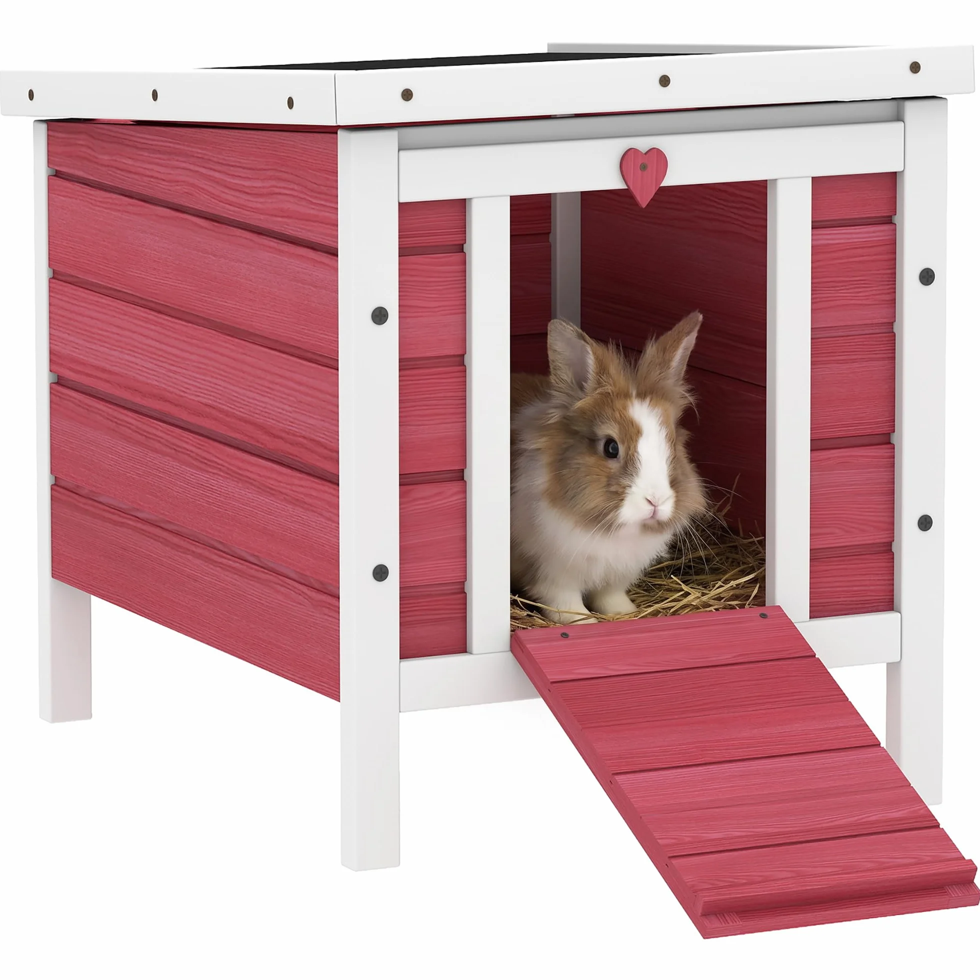 PawHut Gabbia per Conigli in Legno con Tetto Apribile in Asfalto, Conigliera con Rampa di Accesso Antiscivolo, 51x42x43 cm, Rosso