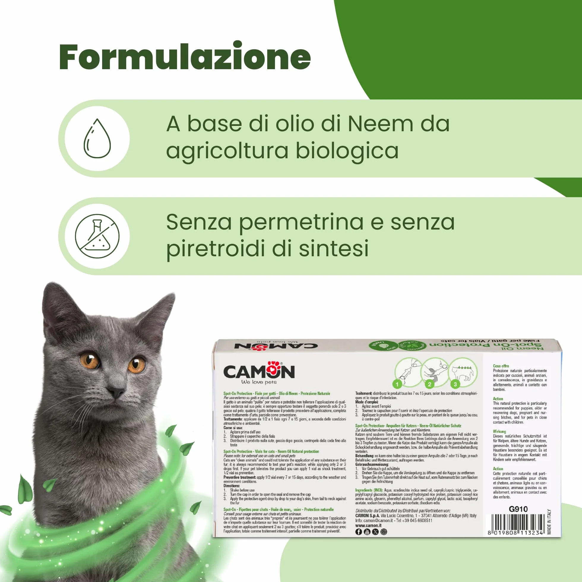 CAMON | Spot-On Protection Gatto, 5 Fiale da 2ml con Olio di Neem e Aminoacidi, Protezione Naturale