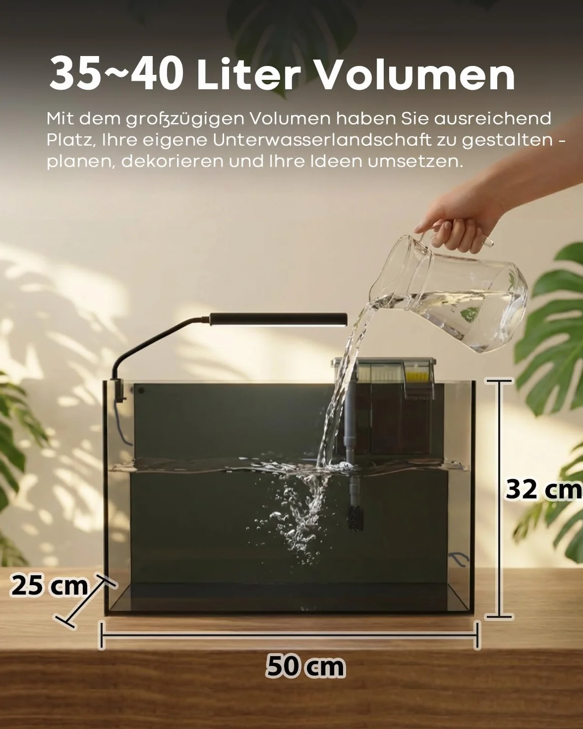 Set da scrivania per acquario, 40 l, in vetro ultra trasparente con filtro autopulente, luce chiara, riscaldamento, pietre, ghiaia, strumento di pulizia, vetro senza bordi per principianti