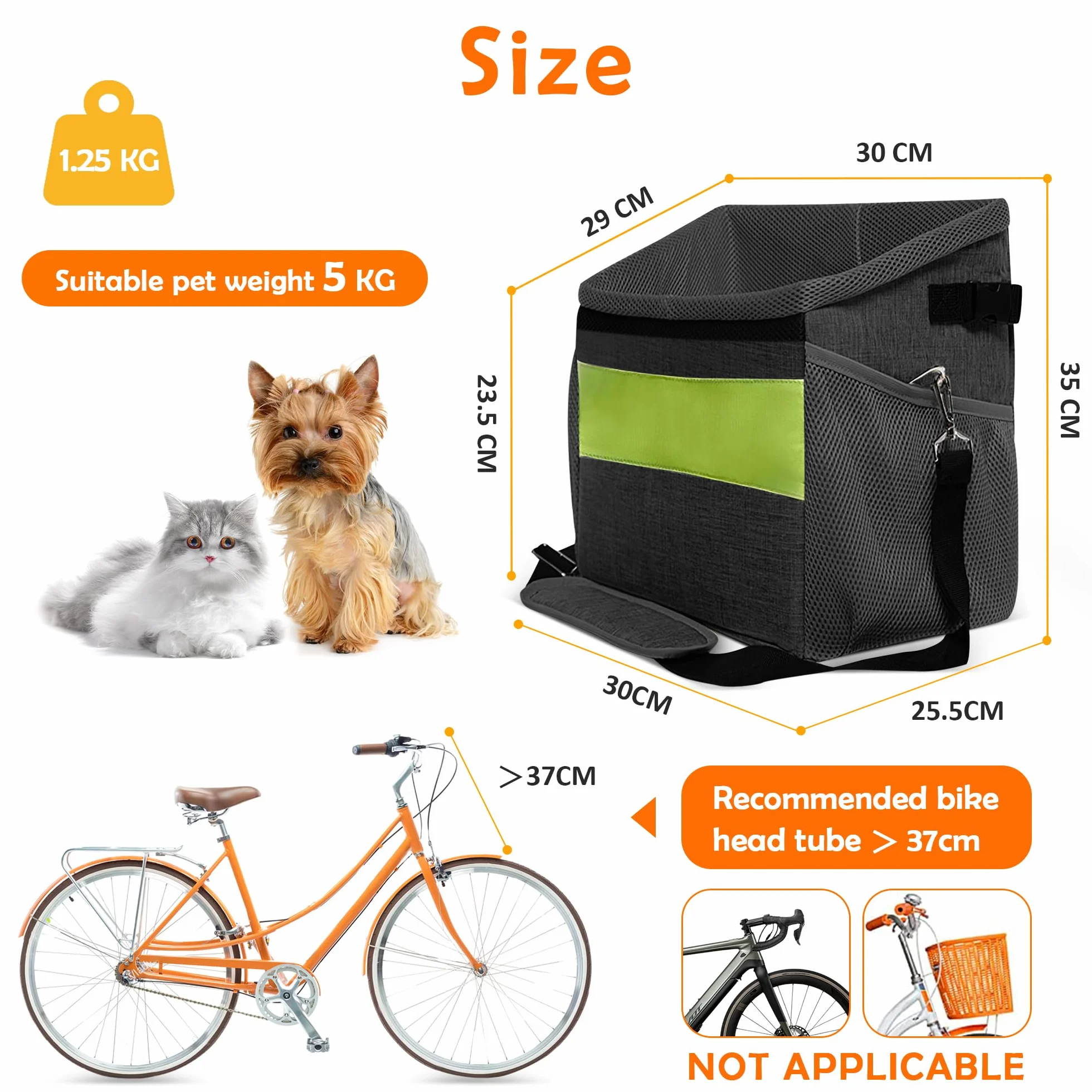 ALLSOPETS Cestino per Bicicletta Animale Domestico, Cestino Anteriore Bici Staccabile per Cane, Staccabile Borsa da Bicicletta per Cani, Pieghevole Cestino per Bici con Tasche Portaoggetti Nero