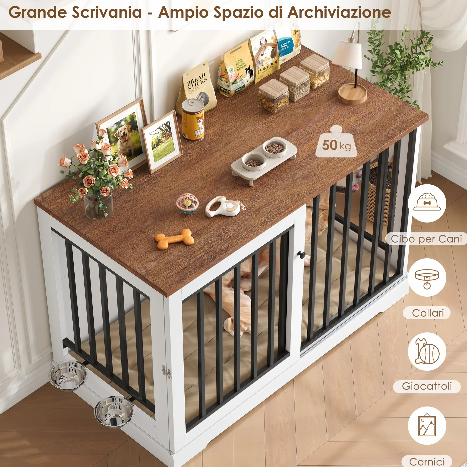 FirFurd 120 cm Gabbia per Cani, Kennel Cane Grande con Porta Scorrevole, con 2 Ciotole che Ruotano di 360°, Cane Kennel in Metallo e Legno, 120x60x90cm (Bianco+Marrone)