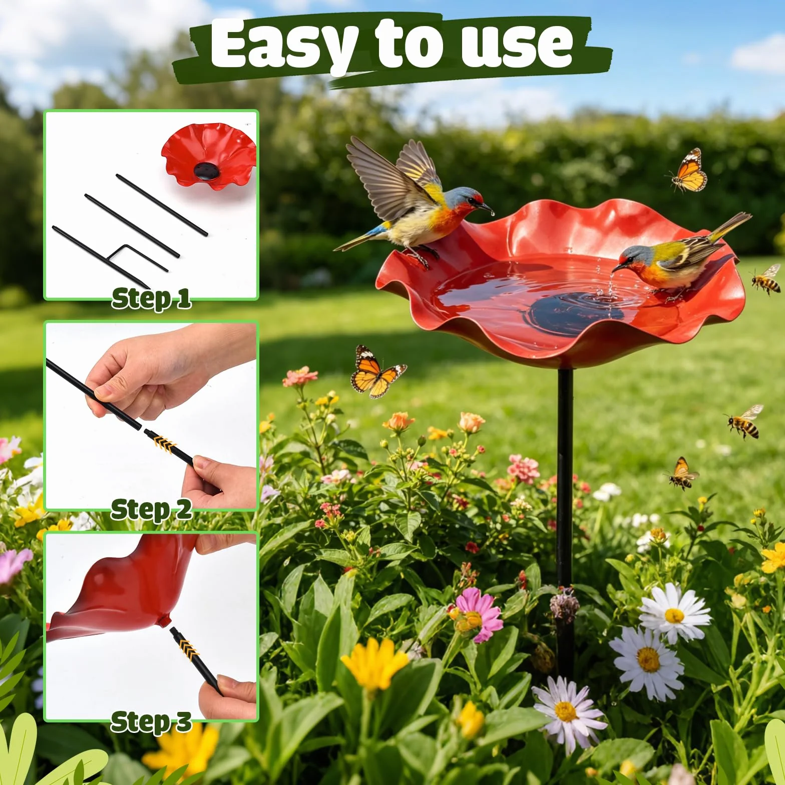 Paletto da Giardino in Metallo per Uccelli, Abbeveratoio a Forma di Fiore per Api – Bagno per Uccelli su Palo con Vasca – Decorazione da Giardino in Metallo Rosso – Altezza 65 cm