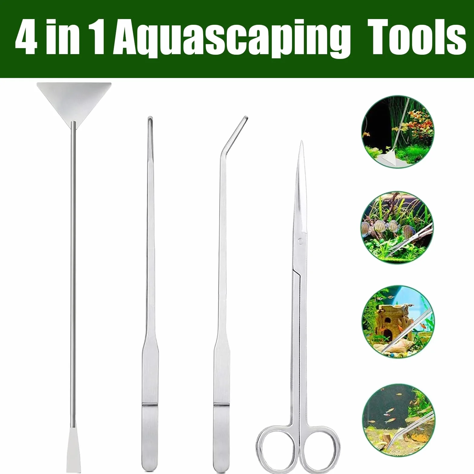 4 in 1 Kit Attrezzi Acquario,Attrezzi per Acquario in Acciaio Inox, Piante Acquarios Attrezzi Set con Pinzette Forbici Spatola per l'acquario Landscaping e l'Acquarios Pulizia