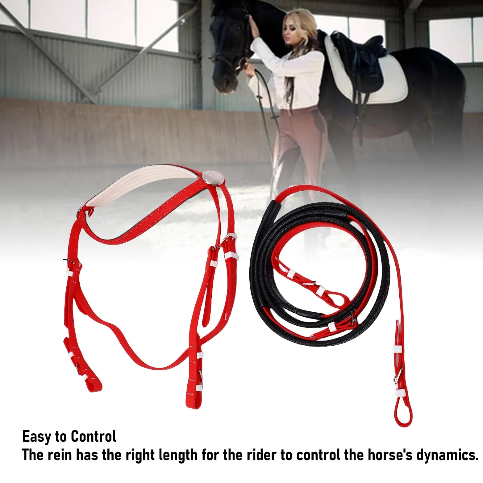 AMONIDA Set Cavezza e Redini per Cavallo, Set Cavezza in Nylon e Pelle PU in PVC, di vestibilità Comoda con Redine a Lunghezza Regolabile, Ideale per Competizioni Equestri, Allenamento, Equitazione