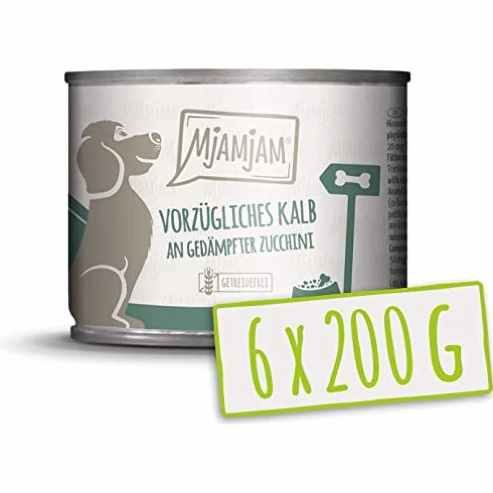 MjAMjAM - cibo umido premium per cani - ottimo vitello con zucchine al vapore, confezione da 6 (6 x 200 g), senza cereali con carne extra