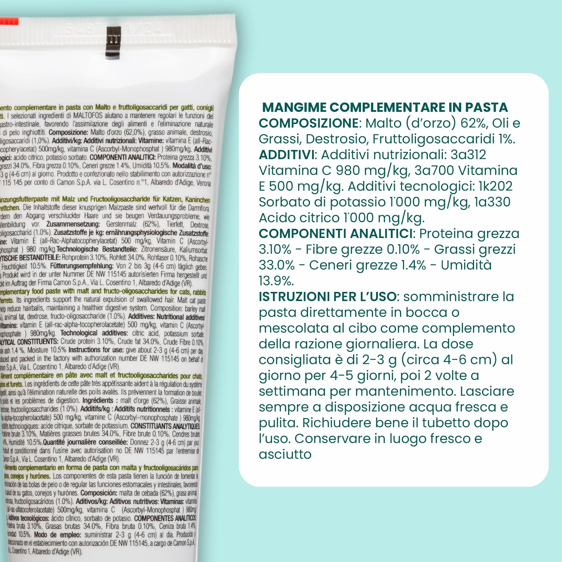 CAMON | Malto Fos, Alimento Complementare in Pasta, 50g, Supporto per Transito Intestinale e Boli di Pelo, per Gatti, Cani, Conigli e Furetti