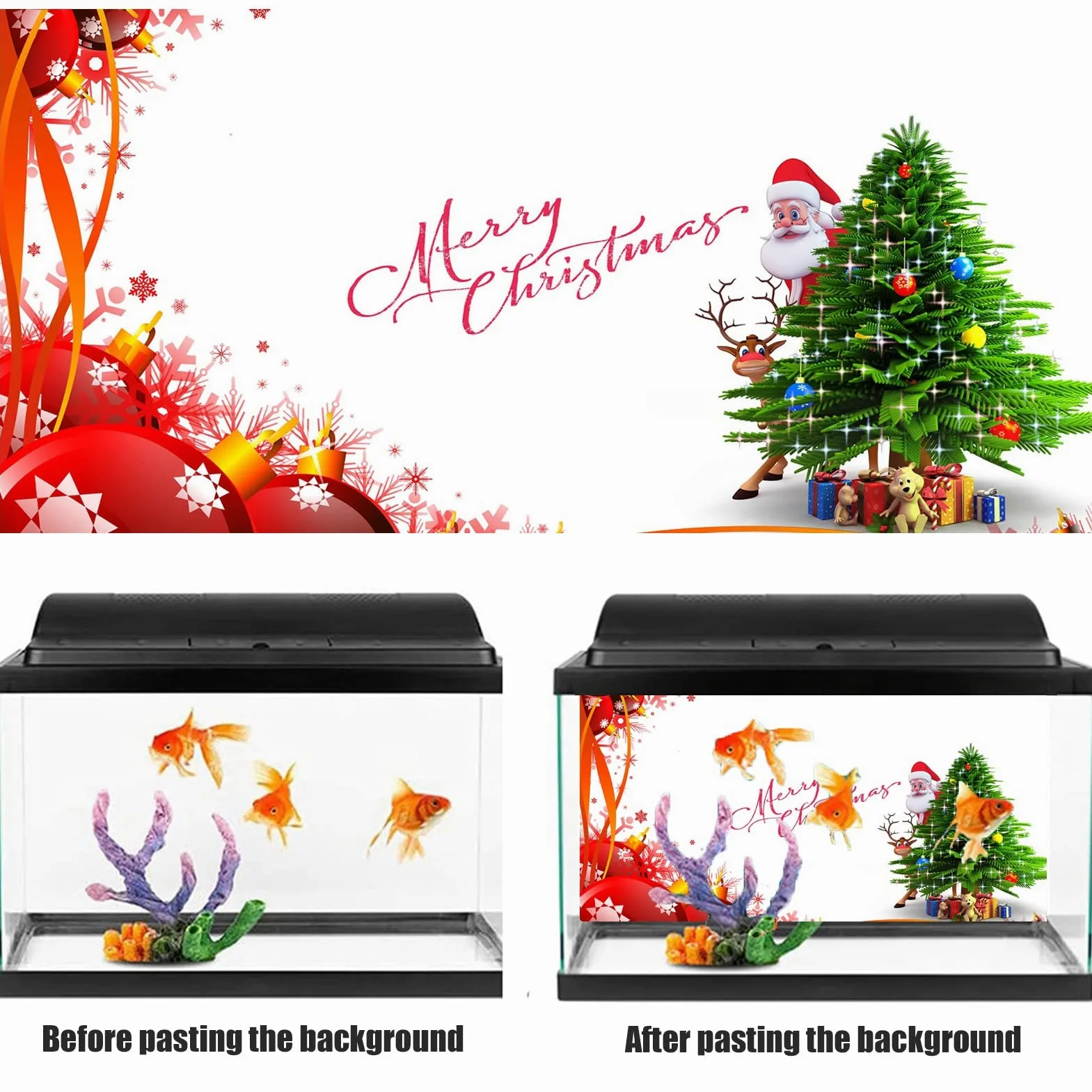 BAHULA Adesivo sfondo acquario, Buon Natale HD Stampa carta da parati Fish Tank decorazioni sfondo PVC autoadesivo paesaggio, 122 x 76 cm