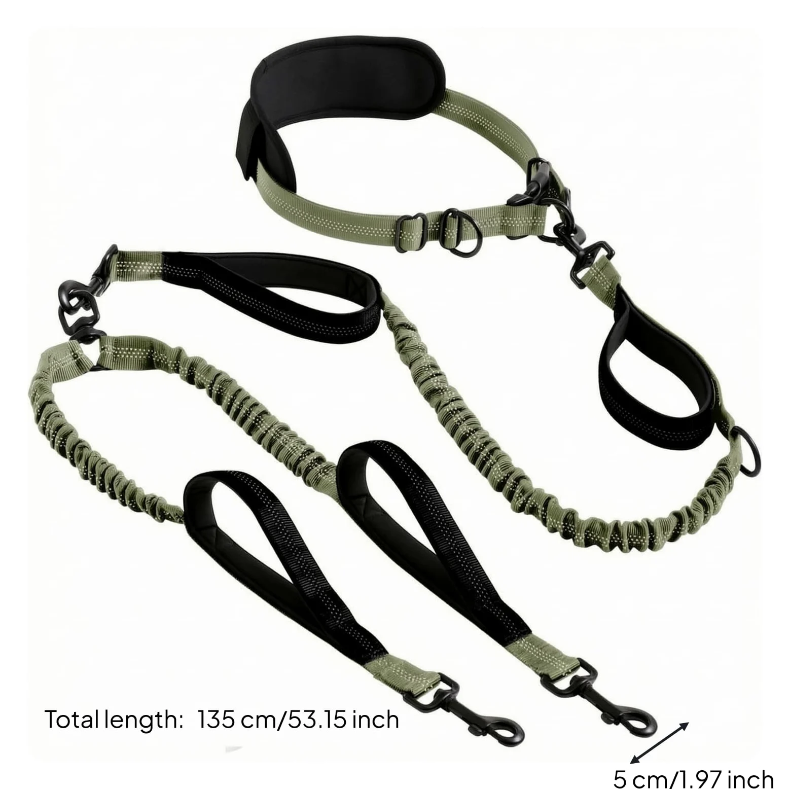 Guinzaglio a Doppia Testa Guinzaglio Cintura d Guinzaglio Elastico con Bungee Guinzaglio per Cani con Cintura in Vita con Maniglie per Controllo, Verde Militare