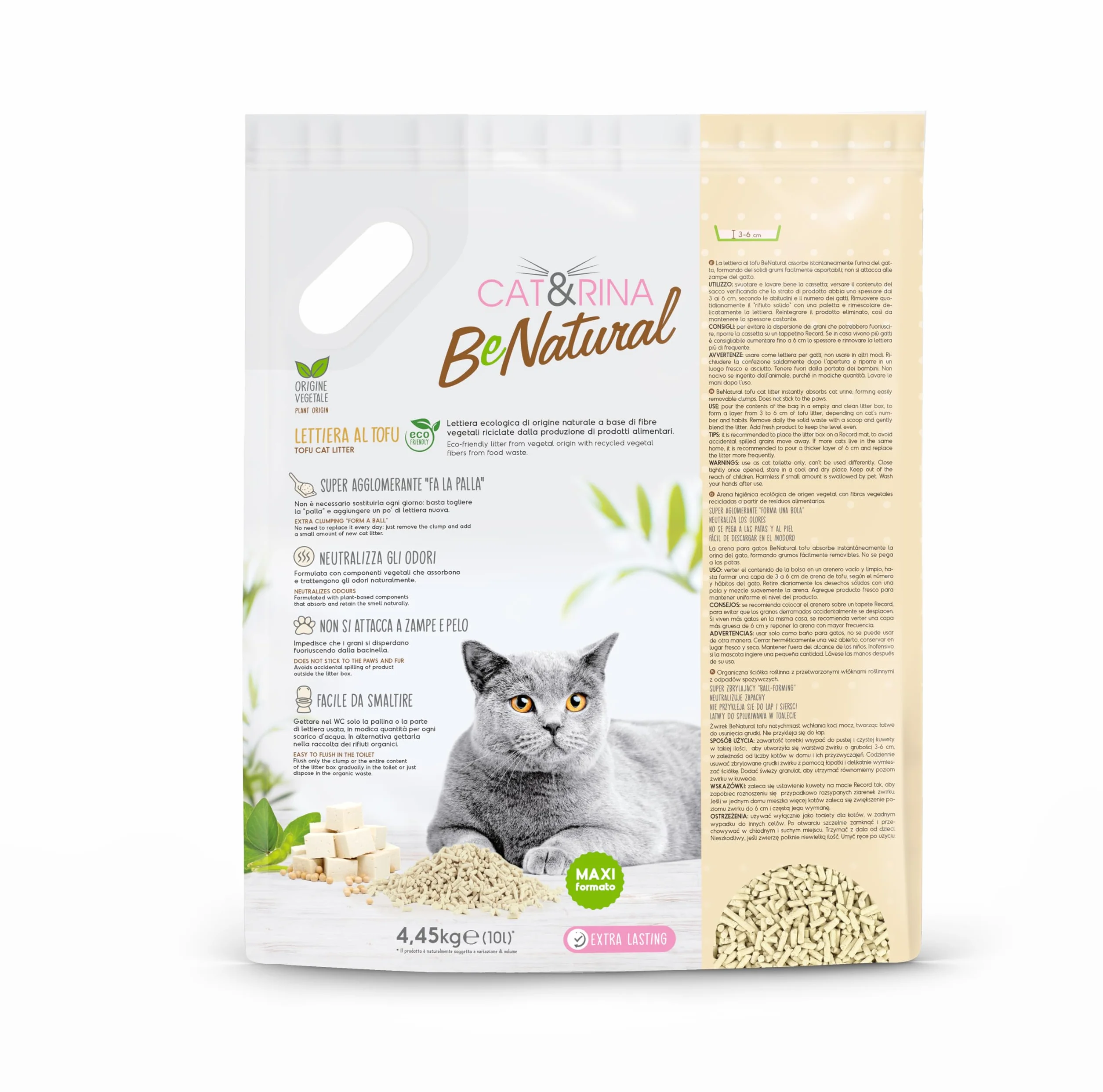 Cat&Rina lettiera per gatti al tofu da 10l. Lettiera gatto agglomerante vegetale. Fino a 60 giorni di utilizzo. Si smaltisce nell'organico o nel wc. Sabbia anti odore formato maxi. Naturale, 1478.7