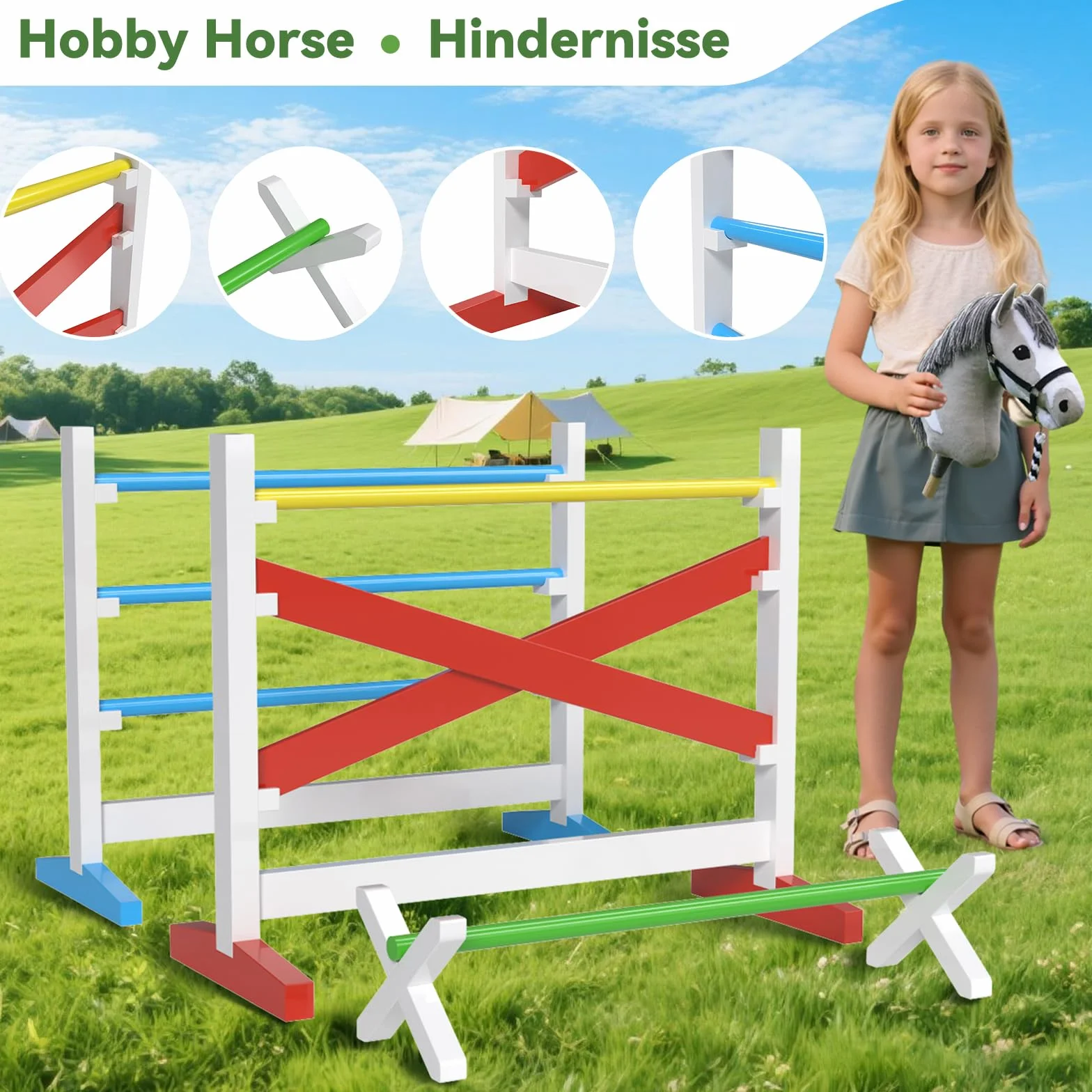 Hobby Horse Ostacoli – Set di 2 salti + 1 ostacolo, regolabile in altezza, stabile, per giardino, sala giochi e hobby Horse Training