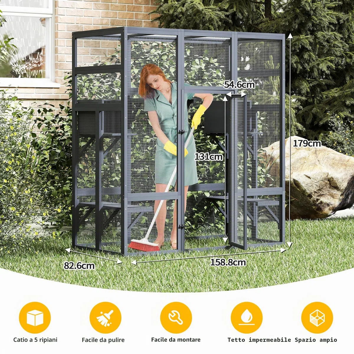 Catio - Recinzione per gatti per esterni, grande recinto per gatti, 159 x 82 x 178 cm, Kitty Haus, casa per gatti con ponti, passeggiate, piccole case, copertura del tetto (grigio scuro)