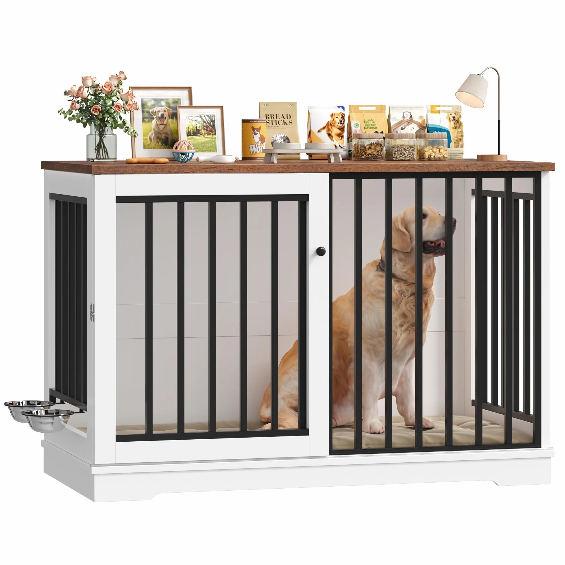 FirFurd 120 cm Gabbia per Cani, Kennel Cane Grande con Porta Scorrevole, con 2 Ciotole che Ruotano di 360°, Cane Kennel in Metallo e Legno, 120x60x90cm (Bianco+Marrone)