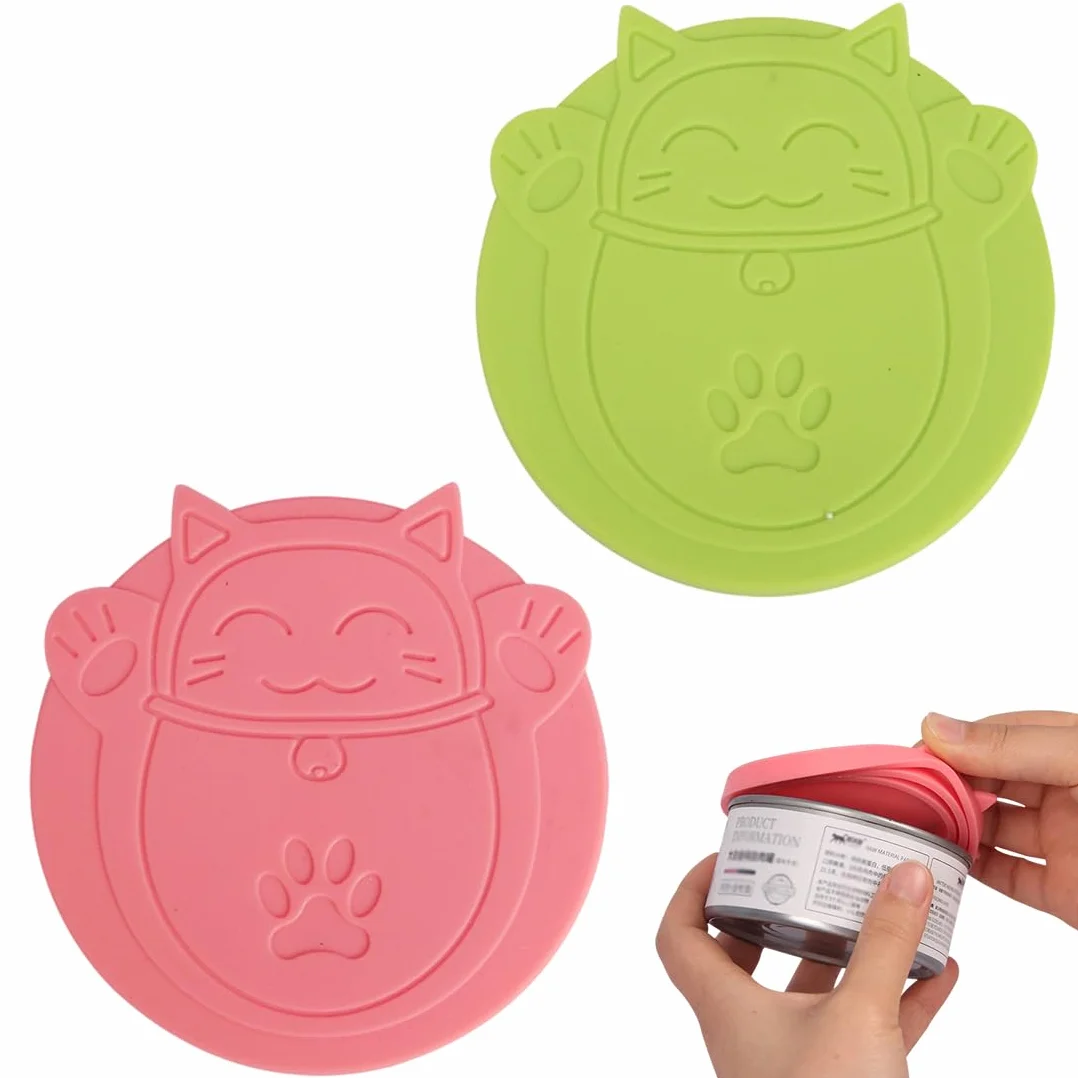 Coperchi 3-in-1 in silicone motivo Maneki-Neko – universali per scatolette gatti/cani, set da 2 (rosso, verde)