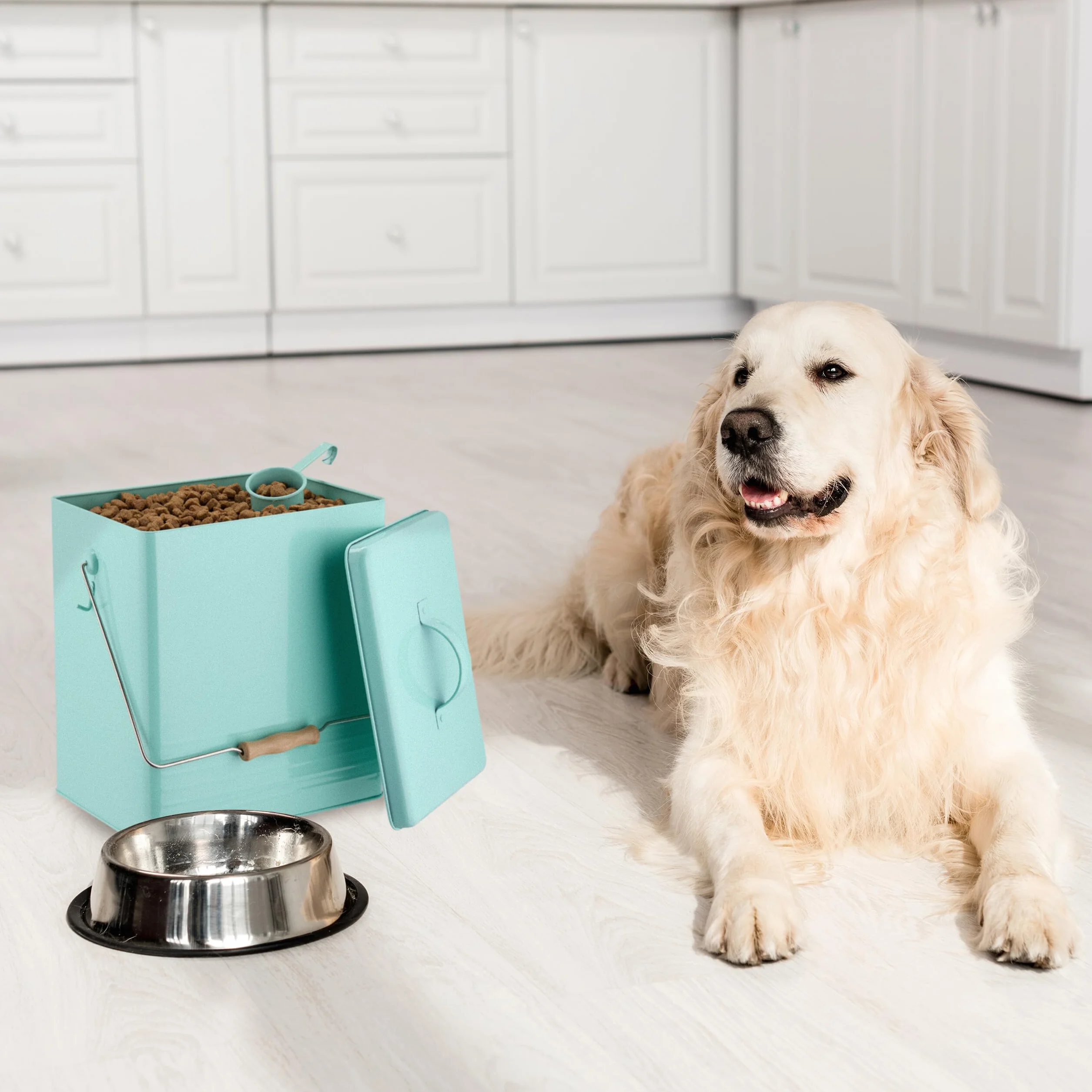 Relaxdays Scatola per Crocchette Cane, Set 2 Contenitori Cibo per Gatti, 5,5L e 16L, Porta Mangime con Paletta, Turchese