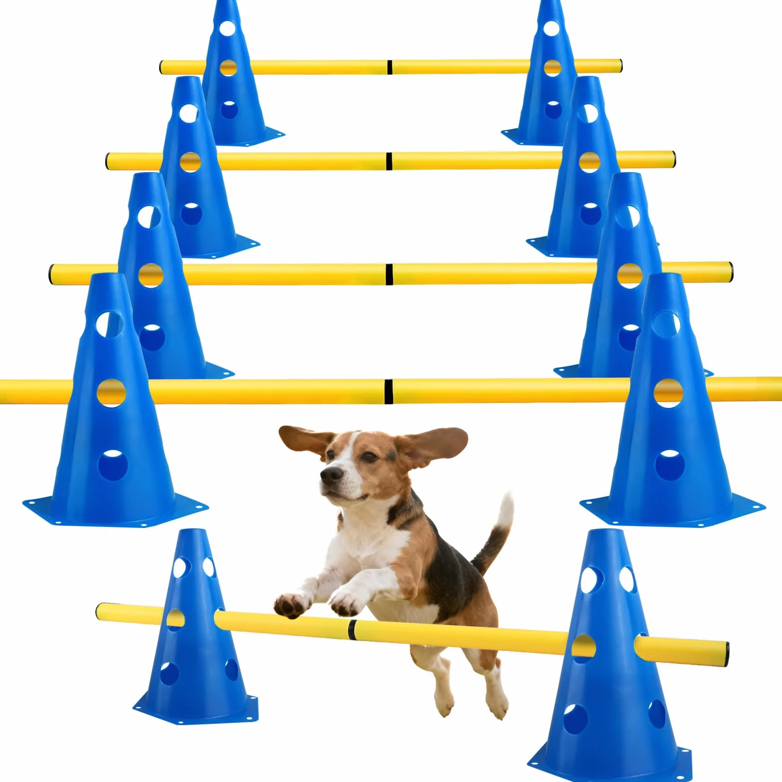 Agility Set per Cani Ostacoli per Bambini, Ostacoli per Cani con 8 Coni 32cm di Altezza + 8 Aste Lunghe 80cm, Set di Siepi Agility, per Cane Il Lavoro di Coordinamento