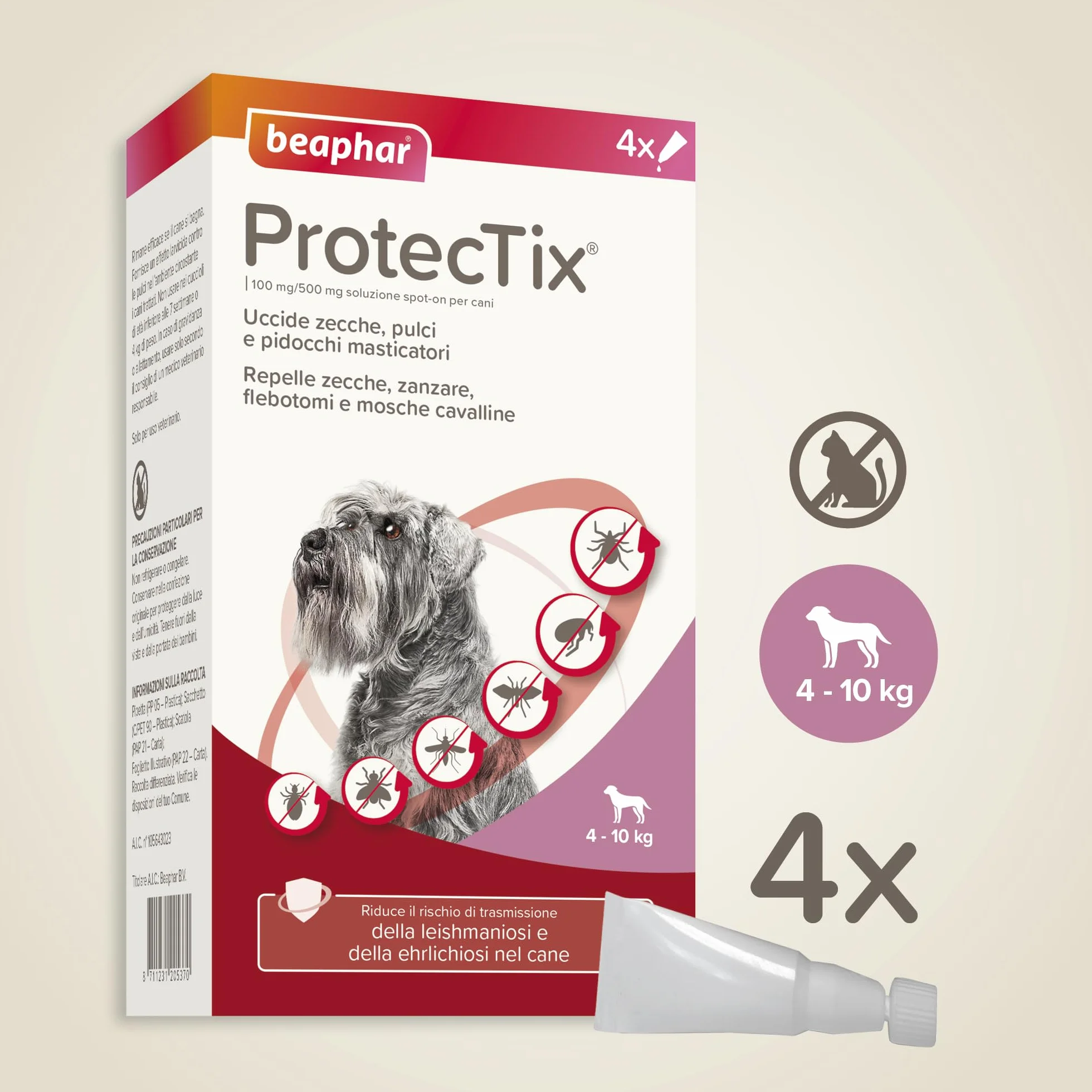 Beaphar ProtecTix Cane, Antiparassitario Spot-On per Cane Piccolo (4-10 Kg), Riduce il Rischio di Leishmaniosi, Contro Zecche, Pulci e Pidocchi, Confezione 4 Pipette da 1 ml