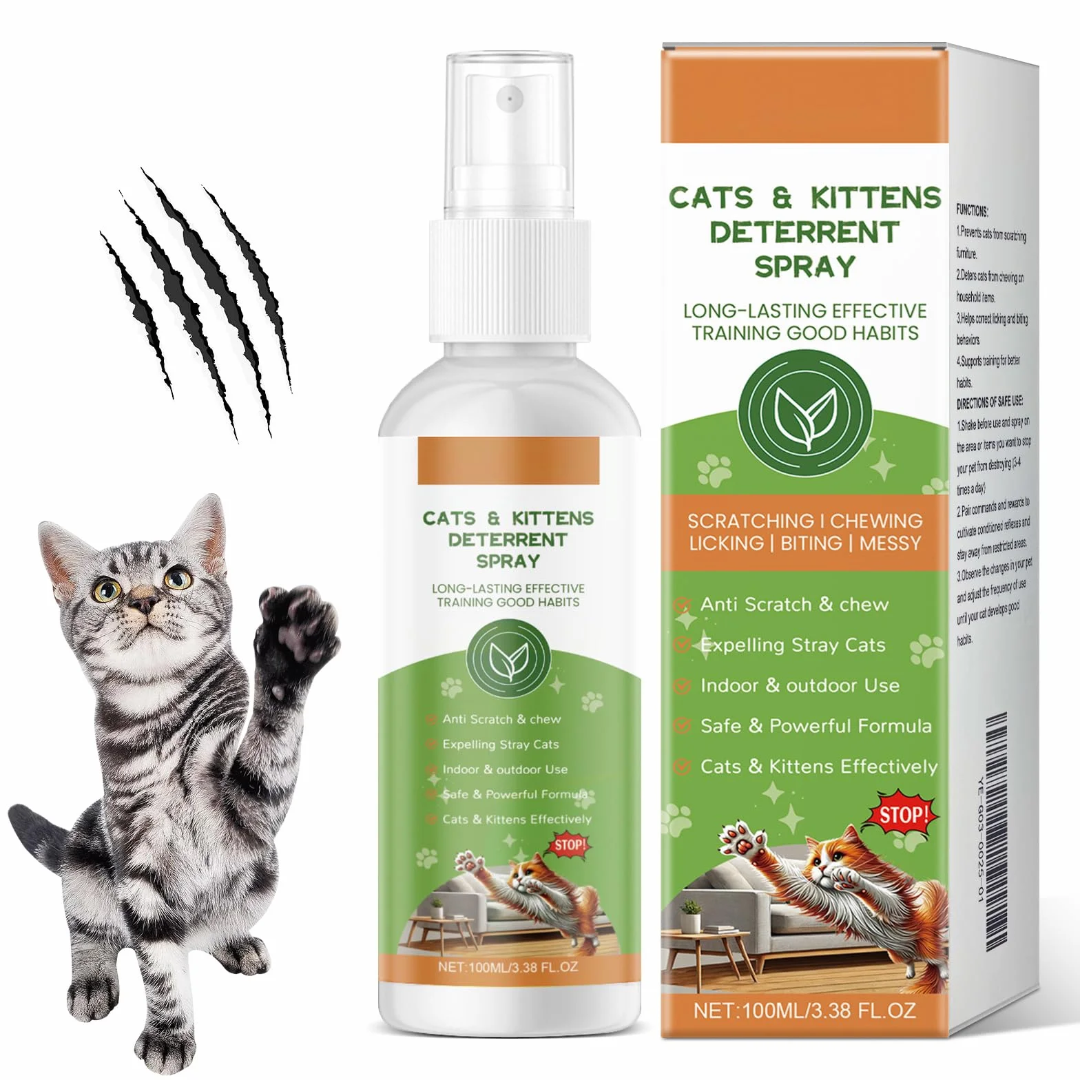 Spray Repellente per Gatti, 100ML Spray Disabituante Gatti, Repellente Gatti e Spray AntiGraffio per Gatti Divano, Uso Interno ed Esterno, Protezione del Divano, Cavi, Vestiti, Piante e Mobili