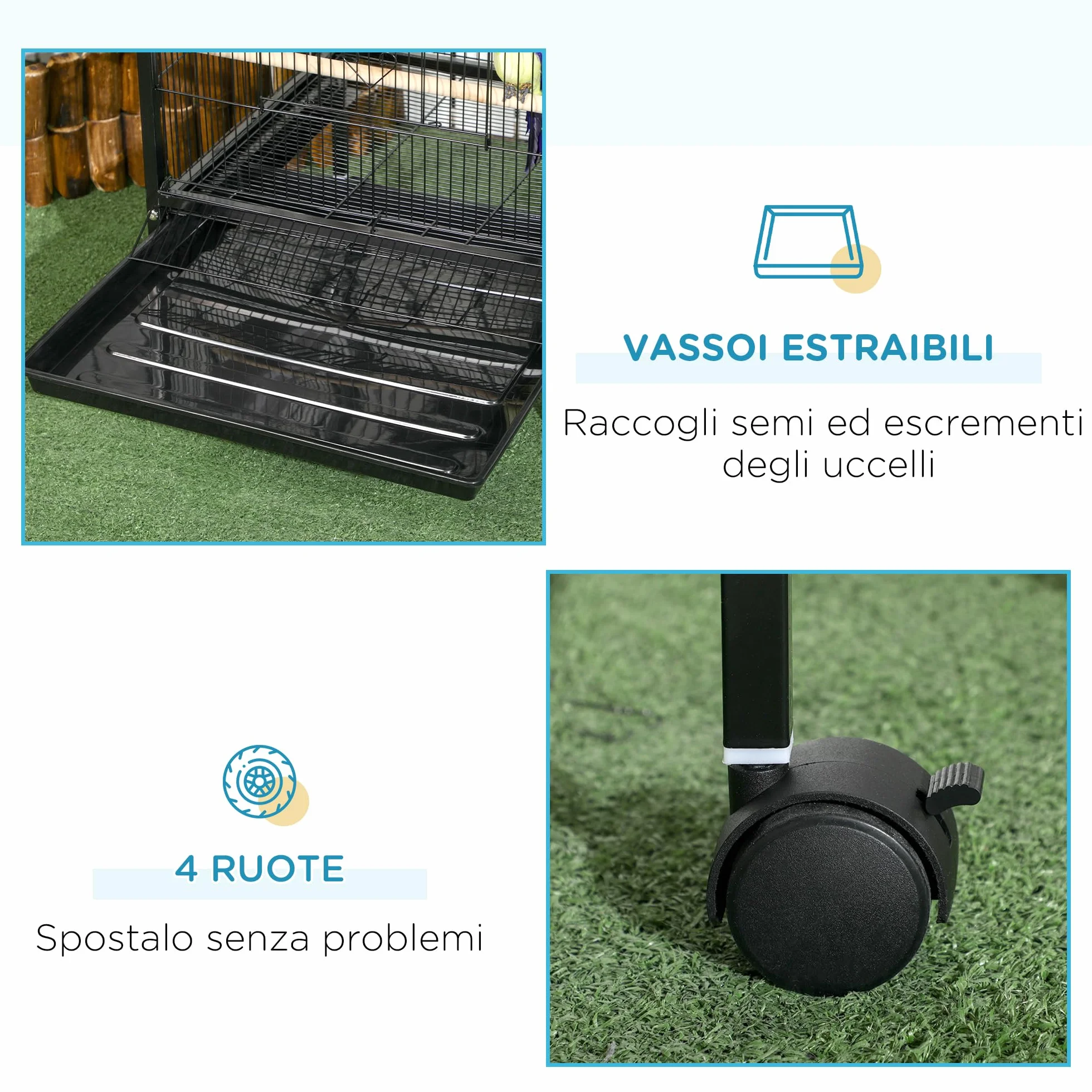 PawHut Gabbia per Uccelli 2 in 1 Voliera per Interni con 4 Ruote Girevoli, Vassoi Estraibili e Contenitori in Plastica, 51.5x50x140 cm, Nero