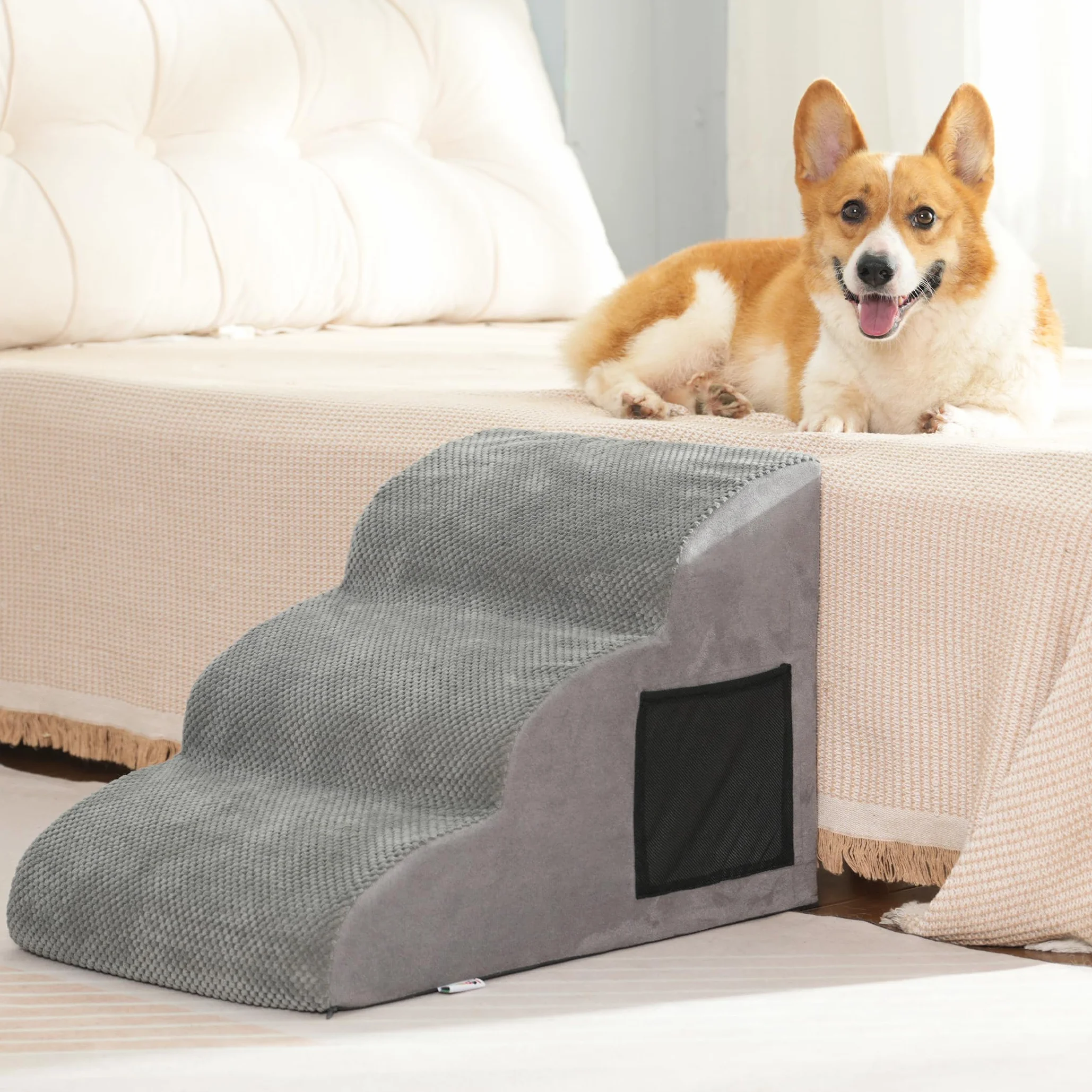 YunNasi Scaletta per cani per letto, rampa antiscivolo per cani, 60 x 40 x 40 cm, scala per cuccioli con schiuma ad alta densità e copertura rimovibile, scale in pendenza delicata per animali