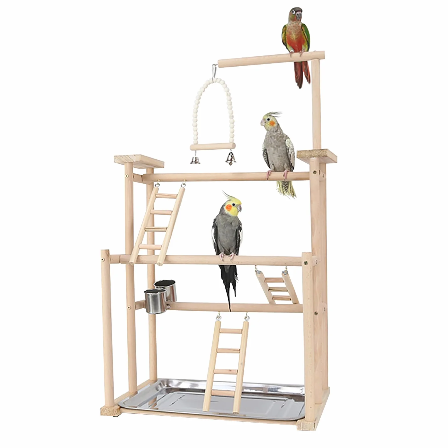 Parco Giochi per Pappagalli in Legno 44x31x79 cm con Tazza e Vassoio