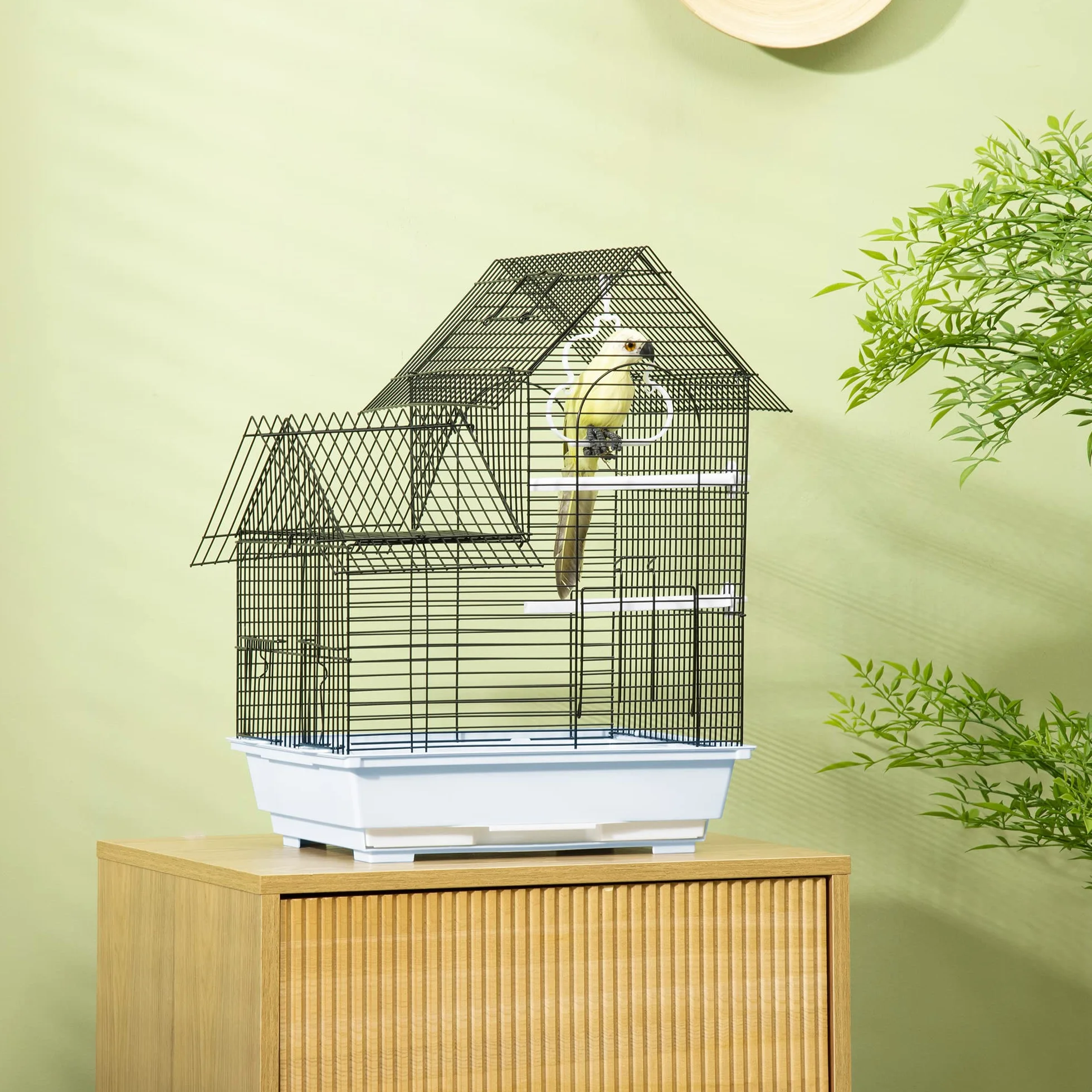 PawHut Gabbia per Uccelli con Vassoio Estraibile, Voliera Per Uccelli in Metallo e Plastica con Pioli e Altalena, 39x33x47cm, Bianco