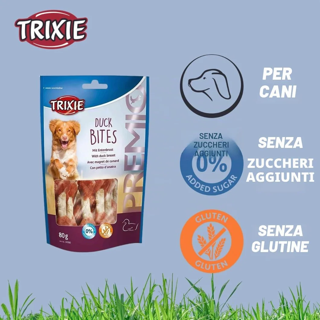 TRIXIE PREMIO bocconcini di anatra snack per cani – snack monoproteico all'anatra senza zuccheri aggiunti né glutine – senza cereali – premio per l'addestramento – 80 g