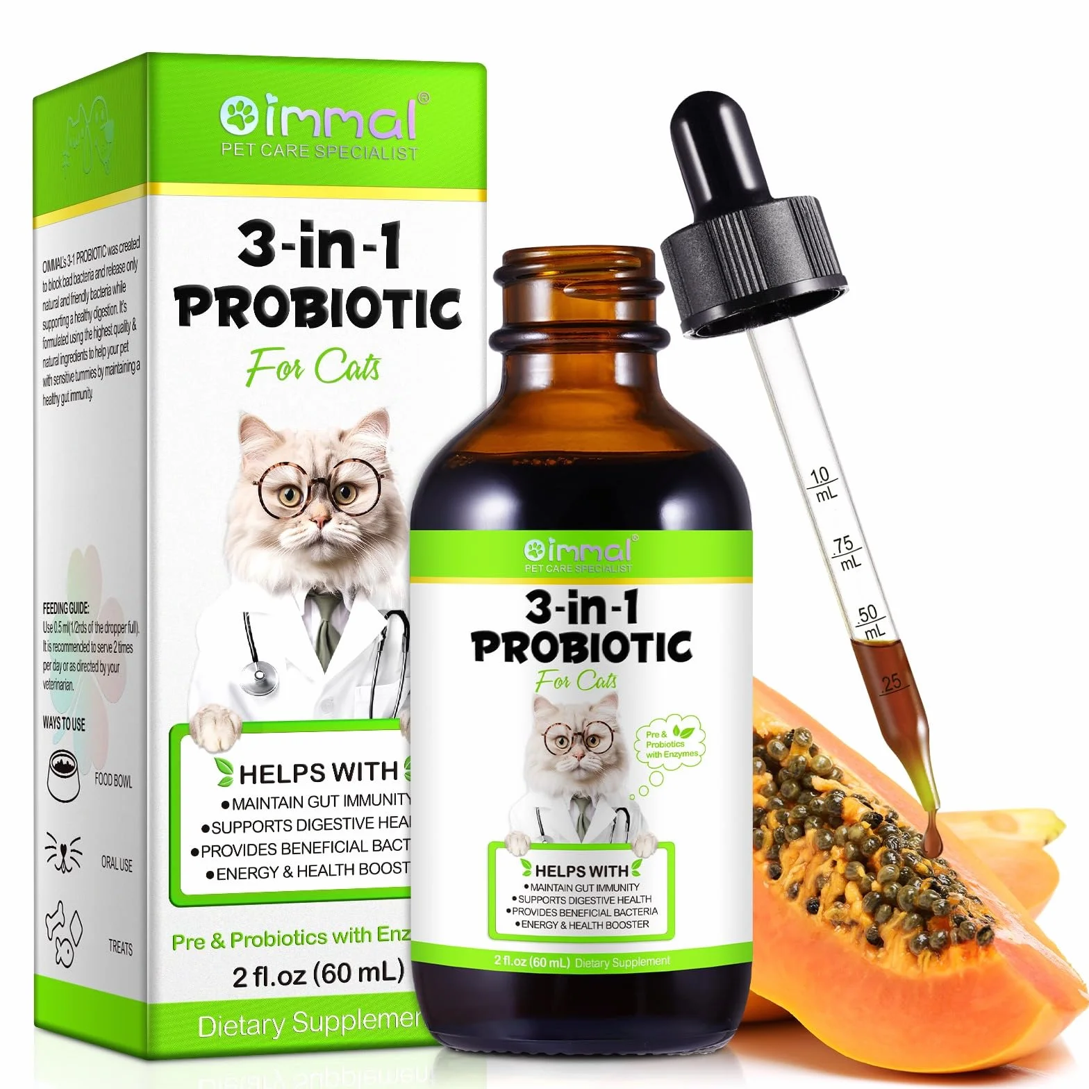 Probiotico per gatti, probiotici 3 in 1 per gatti domestici per alleviare la diarrea, supportare la salute intestinale, il prurito della pelle e l'immunità, integratore digestivo - 60 ml