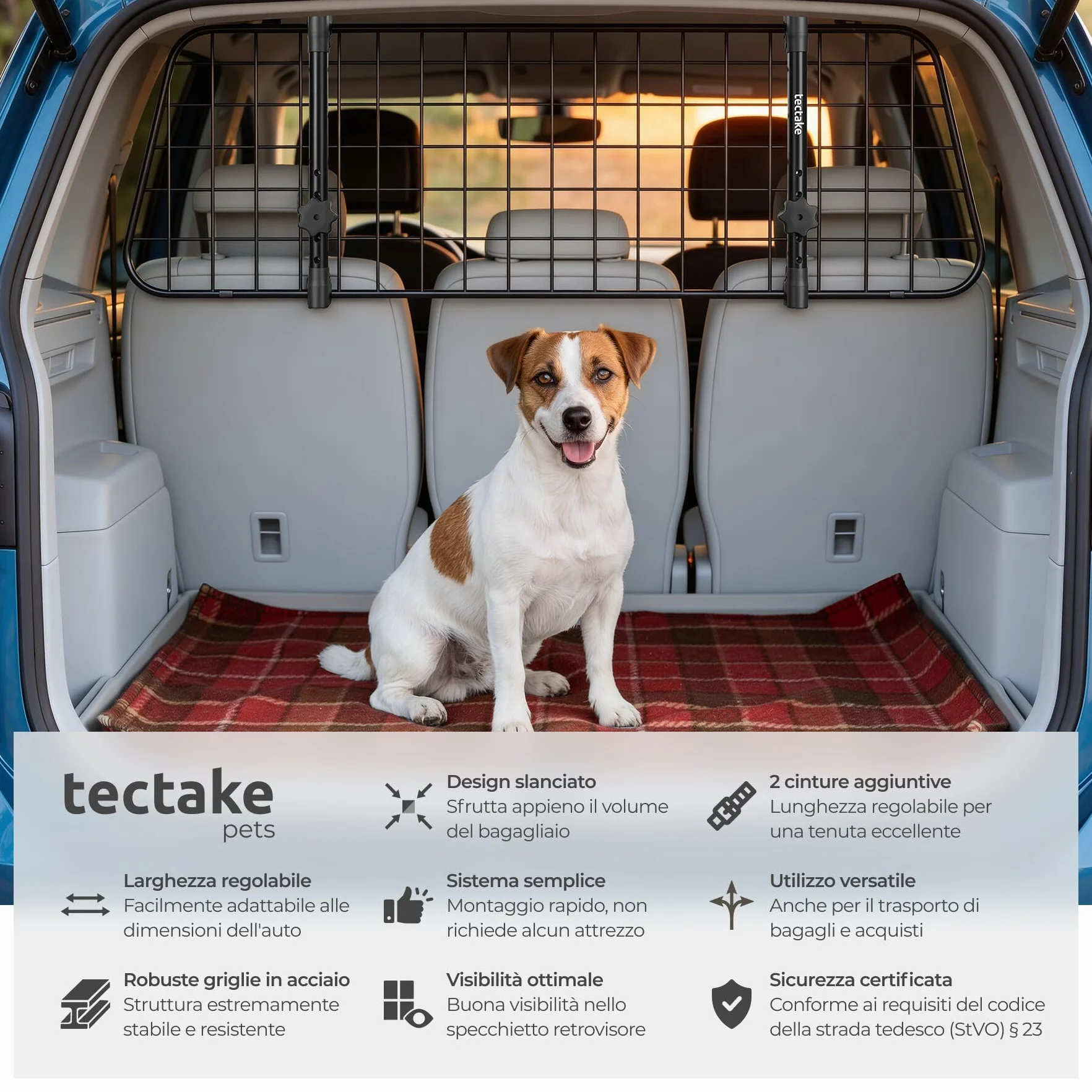 tectake® Griglia di Protezione per Cani Universale in Acciaio, Divisorio di Sicurezza per Cani Regolabile in Larghezza 91,5–154 cm, Rete Auto per Cani Universale con Sistema ad Incastro e 2 Cinture
