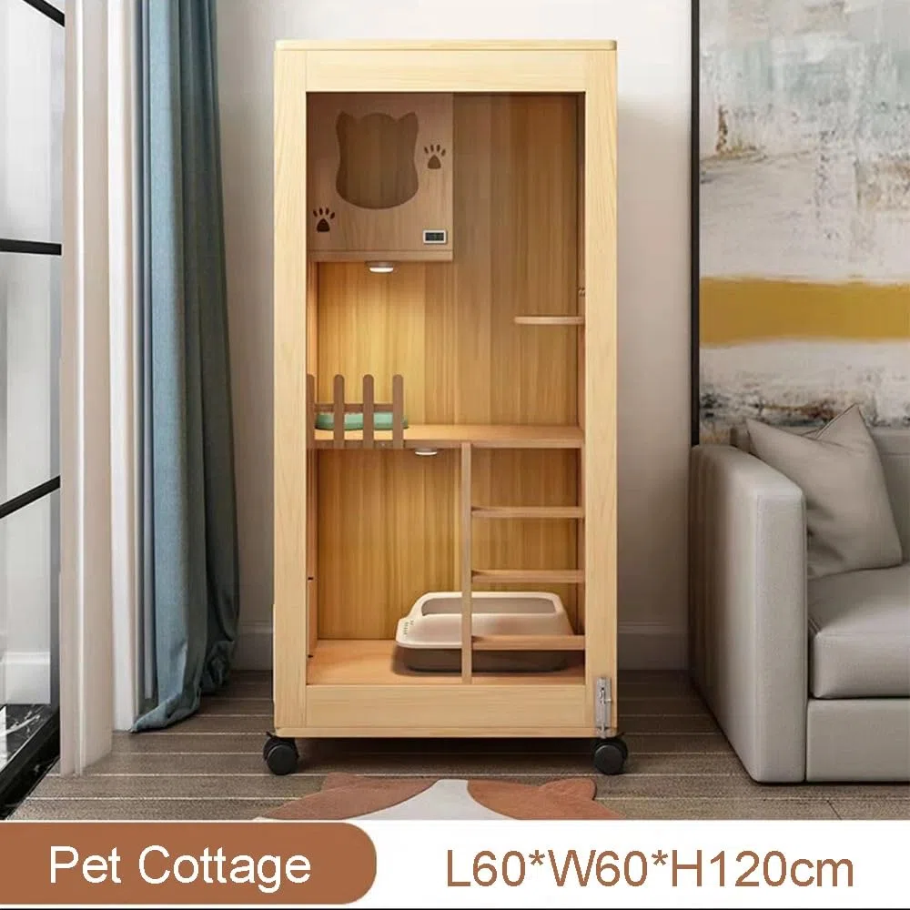 Casa del gatto Gabbia for gatti in legno Villa for animali domestici Gabbia for gatti a doppio strato Cuccia for gatti for interni Gabinetto for gatti panoramico in vetro chiuso Allevamento Gabbia per