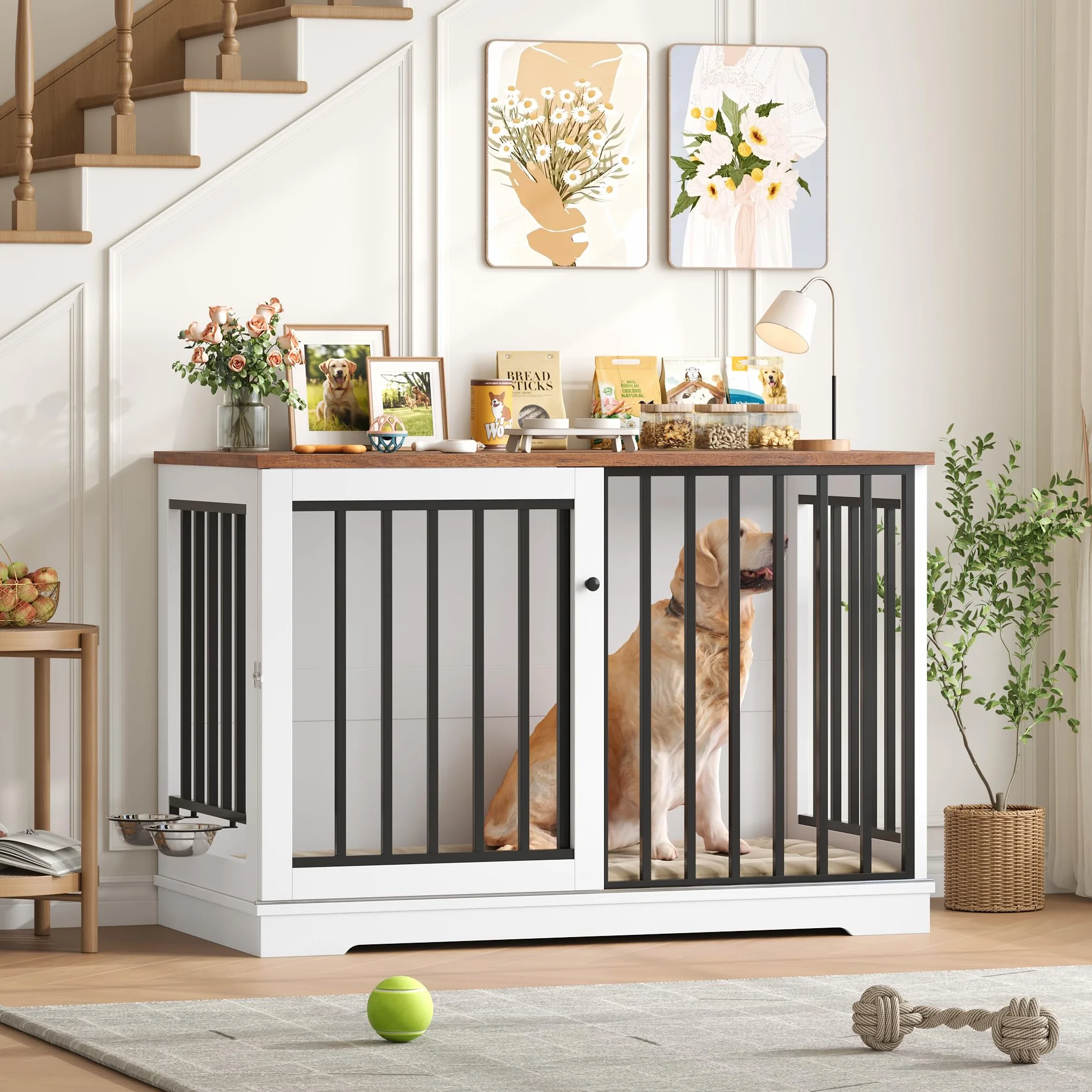 FirFurd 120 cm Gabbia per Cani, Kennel Cane Grande con Porta Scorrevole, con 2 Ciotole che Ruotano di 360°, Cane Kennel in Metallo e Legno, 120x60x90cm (Bianco+Marrone)