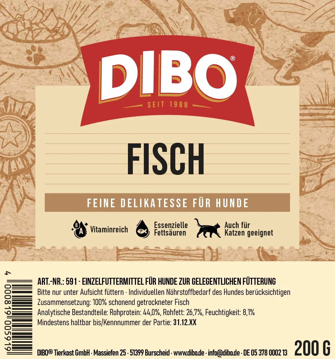 DIBO Pesce, sacchetto da 200 g, piccolo snack o dolcetti per il cibo per cani di DIBO