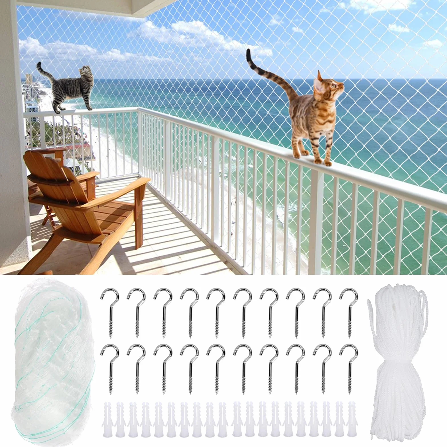 Rete Gatti, Rete per gatti, per balcone, anti uccelli e piccioni, Nuovo materiale antietà, Leggero ma resistente, Maglia quadrata da 2,5 cm, può essere riutilizzato